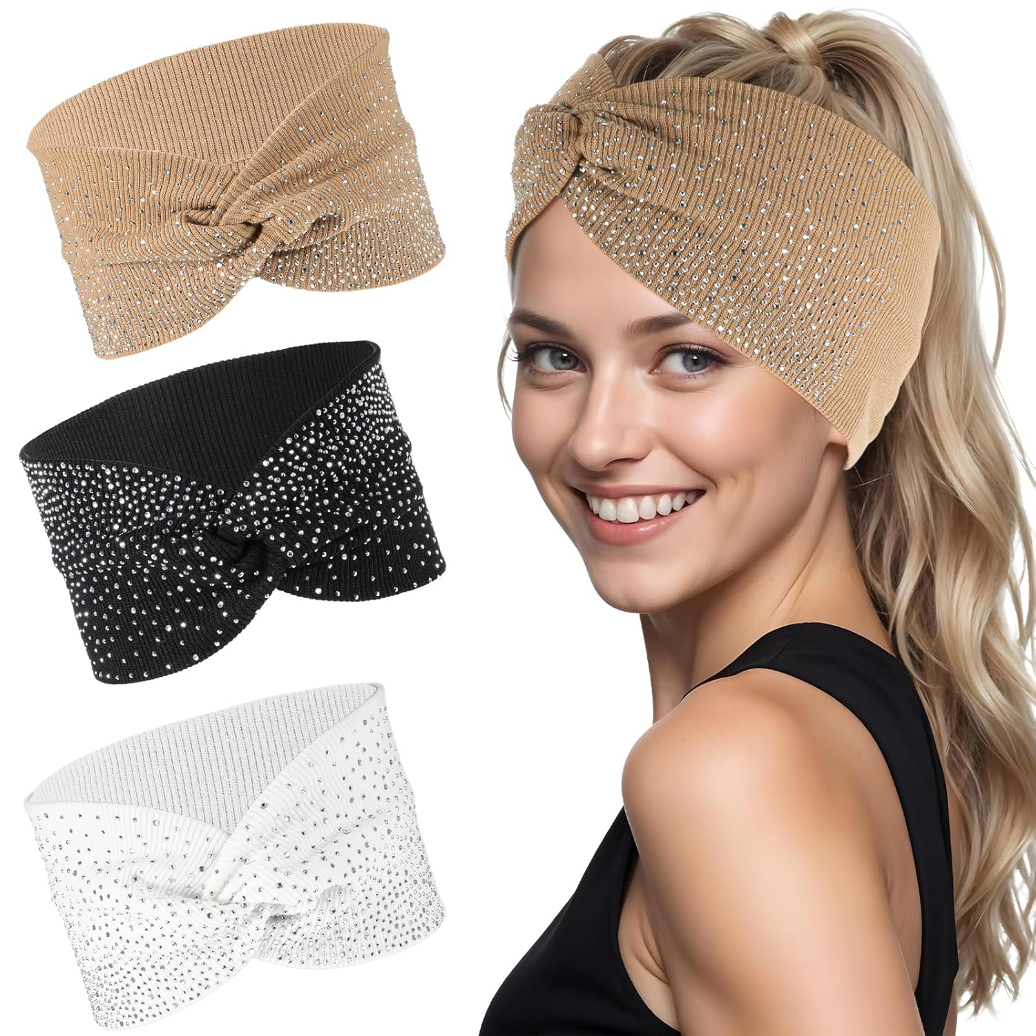3 Pcs Sparkly Bling Headbands, Wide Headbands for Women Stretchy Head Wraps