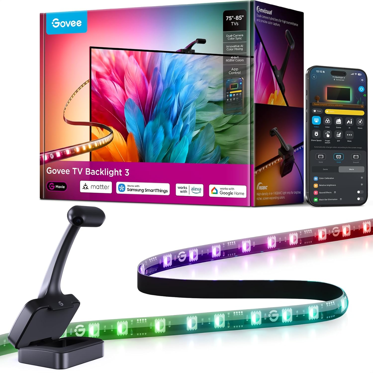 Govee TV Backlight 3 with Dual 4MP Lens, TV Lights Sync to 75-85 Inch Tvs | RGBWIC LED Strip Lights for Movie Night, Smart AI Color Filter, App & Voice Control, Compatible with Matter, 60Leds/M, 16.4Ft