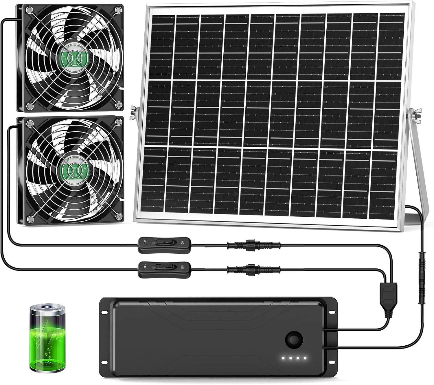 Solar Fan with Battery, 25W Solar Powered Rechargeable Fan Outdoor Waterproof, 12800 Mah Battery Exhuast or Intake Fans, for Chicken Coop Greenhouse Dog Shed Ventilation Cooling
