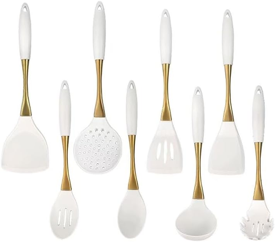 8-Piece White Kitchen Utensil Set with Gold Handles, Stainless Steel Cooking Tools, Includes Spatulas, Ladle, Spoons for Nonstick Cookware (Gold and White)
