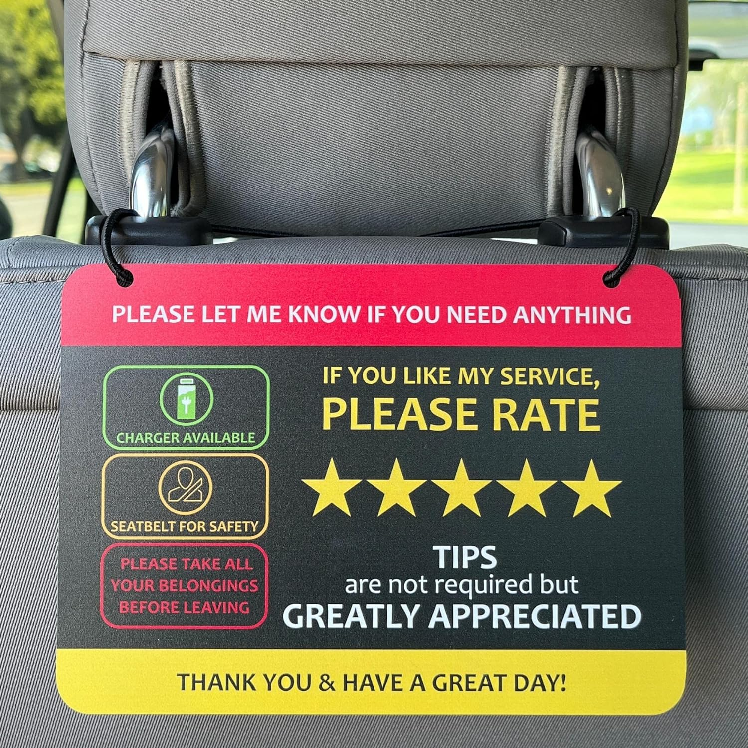 Compatible with Lyft & Uber (2-Pack) Tips Rating Appreciated Rideshare Accessories – 7” X 5” – Interior Acrylic Headrest Sign - Rate Me Tip No Smoking for 5 Star Rides for Ride-Share