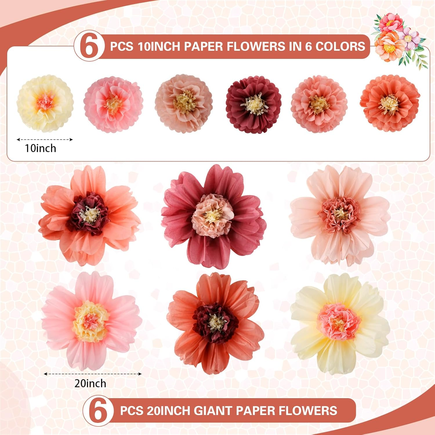 Crowye 12 Pcs Large Colorful Tissue Paper Flowers 20" Handcrafted Giant Fiest... - Picture 3 of 16