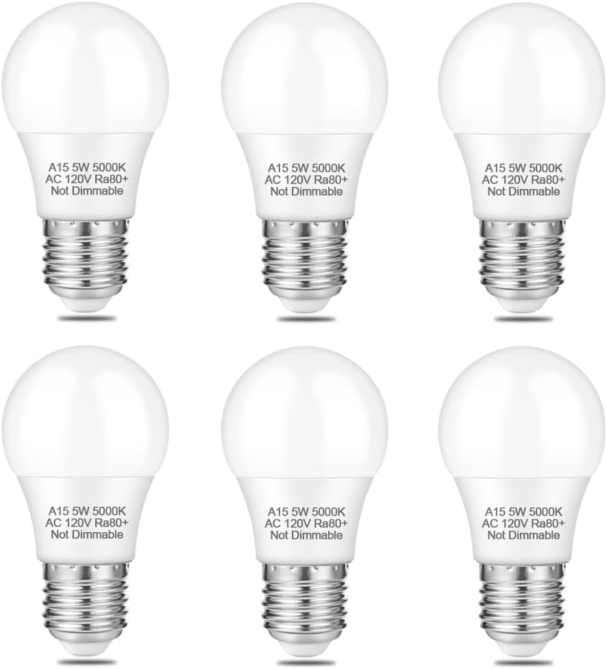 6 Pack A15 5W 120V E26 Base LED Refrigerator Light Bulb, Non-Dimmable 50W Equivalent 5000K Daylight White LED Appliance Light Bulb for Ceiling Fan and Lighting Fixtures
