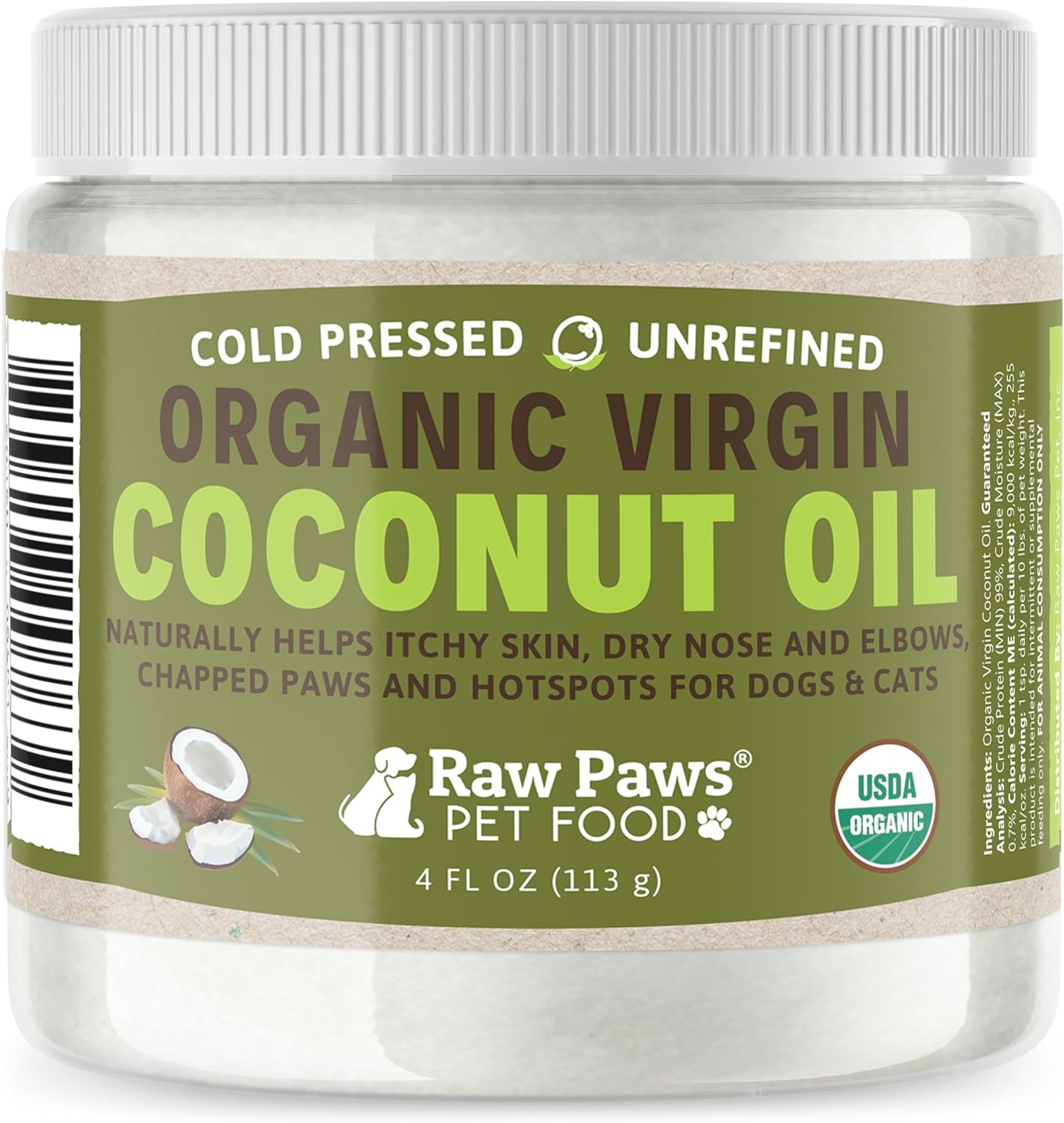 Virgin Organic Coconut Oil for Dogs & Cats, 4-oz - Treatment for Itchy Skin, Dry