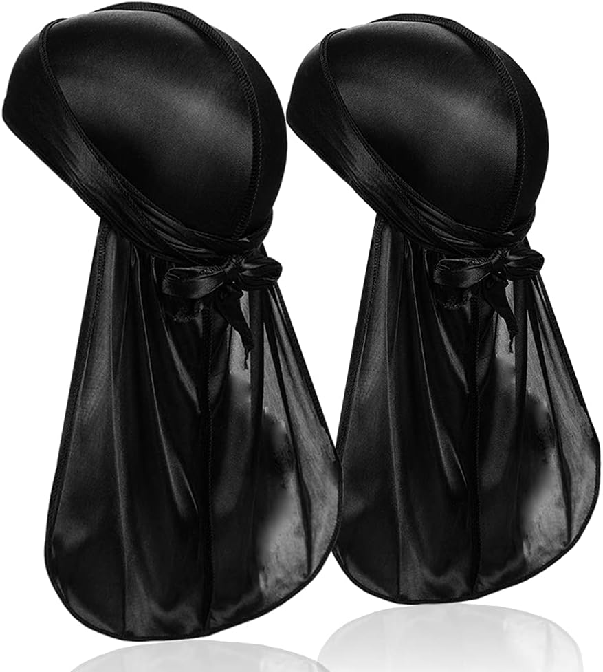 2 Pieces Silky Durag Pack for Men Women, Premium Satin Doo Rag Headwrap with Long Tail for 360 Waves