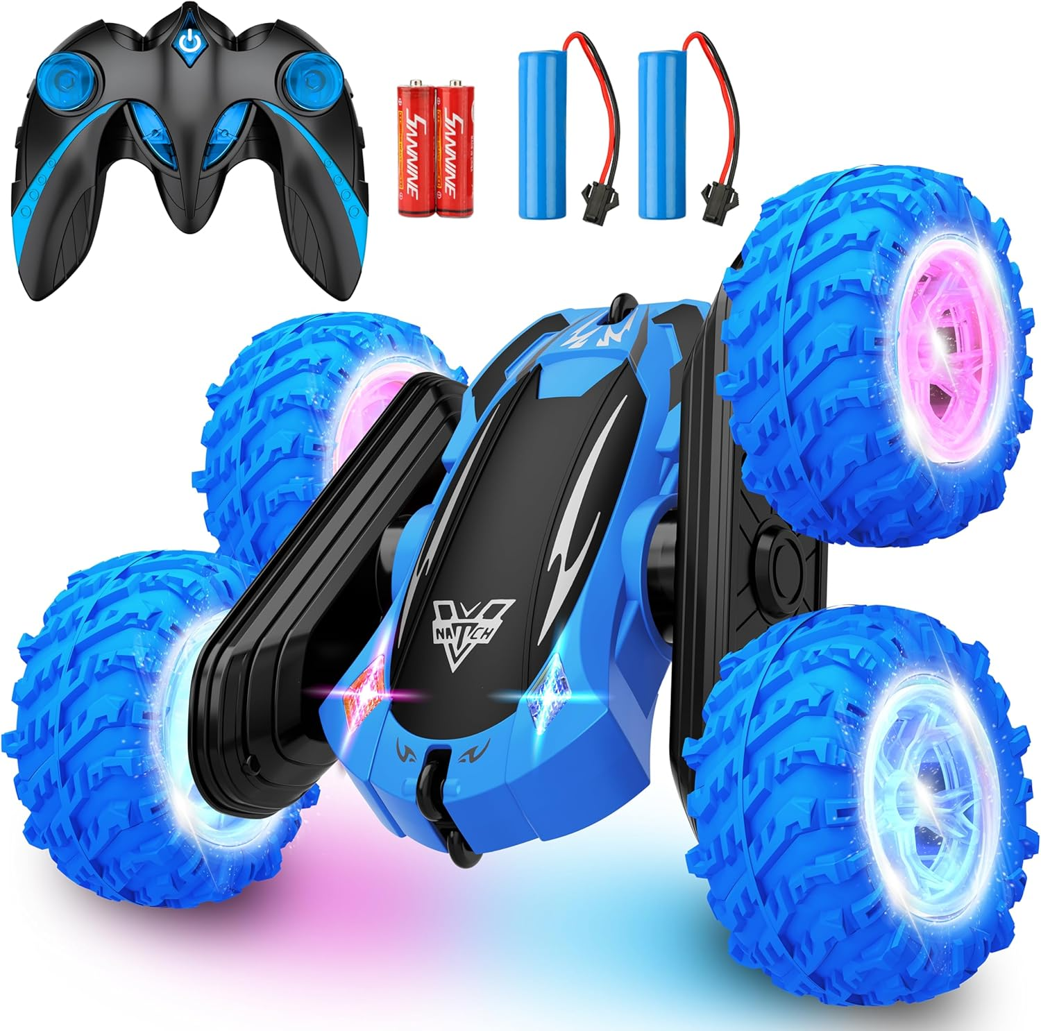 Remote Control Car, 2.4Ghz Double Sided 360° Flips Rotating Electric Race RC Stunt Car, LED Wheel & Headlight High Speed off Road Cars Toy Gift for 3 4 5 6 7 8-12 Year Old Boy Toys (Blue)