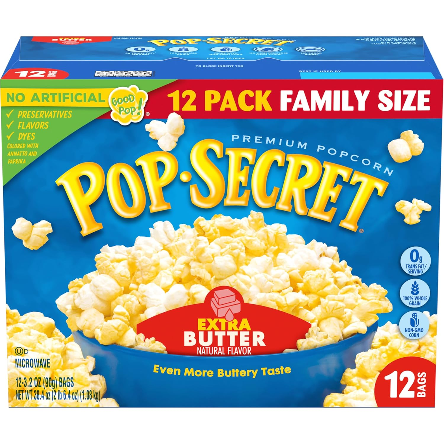 Pop Secret Popcorn, Extra Butter, 3.2 Oz Bags, 12 Ct