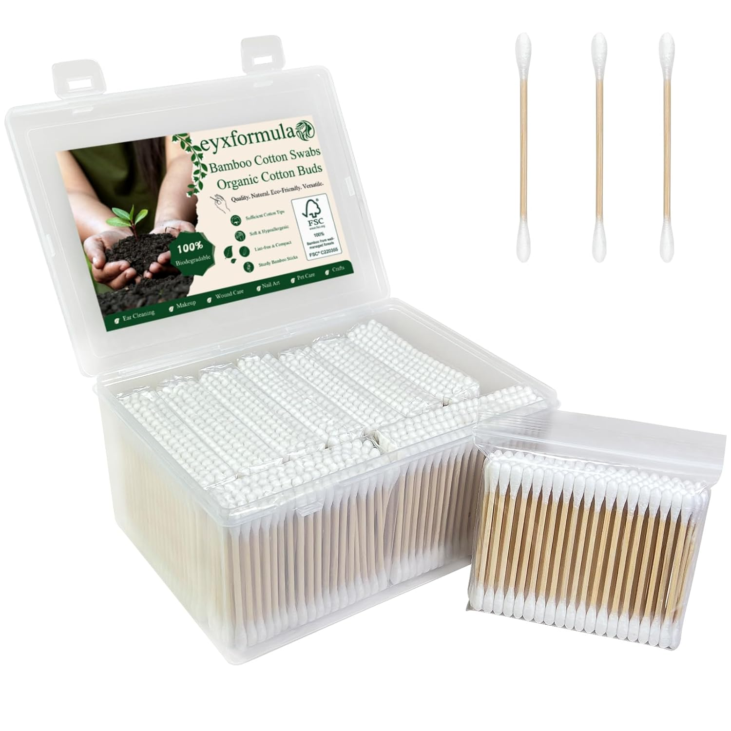 Eyxformula 1000 Count Organic Cotton Swabs, FSC Certified, Biodegradable, Double-Tips - Stronger Bamboo Sticks & Extra Cotton Buds for Ear Cleaning, Makeup, Beauty, Personal Hygiene, First Aid, Crafts