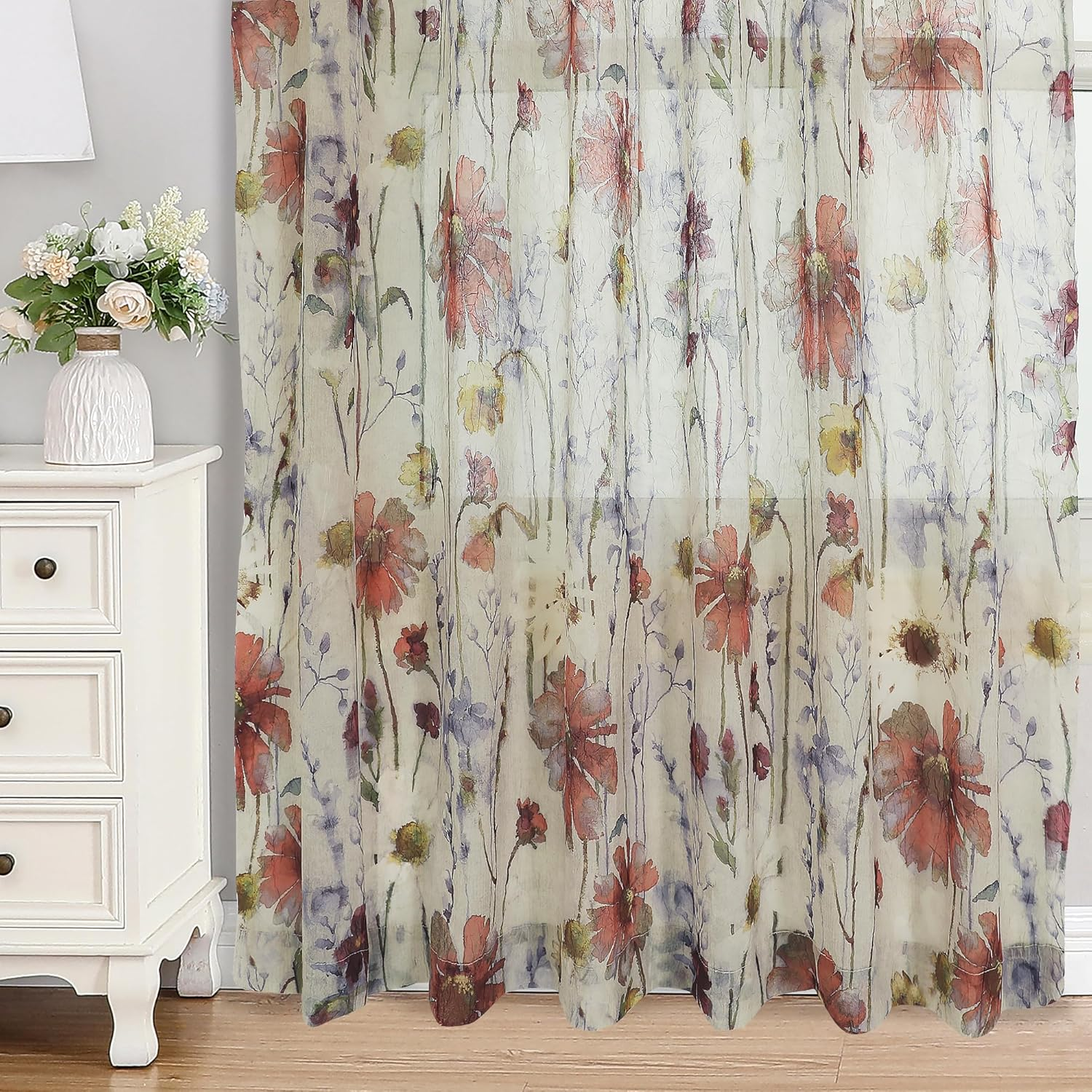 Crushed Sheer Curtains 63 Inches Length 2 Panels Set Sheer Floral Curtians with Printed Design Printing Drapes on Sheers for Living Room, Rod Pocket Light Filtering Window Sheers 42