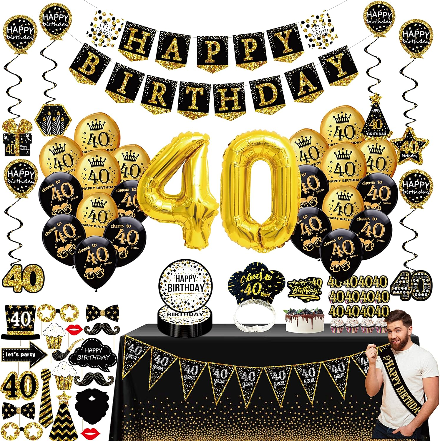 40Th Birthday Decorations for Men Women - (76Pack) Black Gold Party Banner, Pennant, Hanging Swirl, Birthday Balloons, Tablecloths, Cupcake Topper, Crown, Plates, Photo Props, Birthday Sash for Gifts