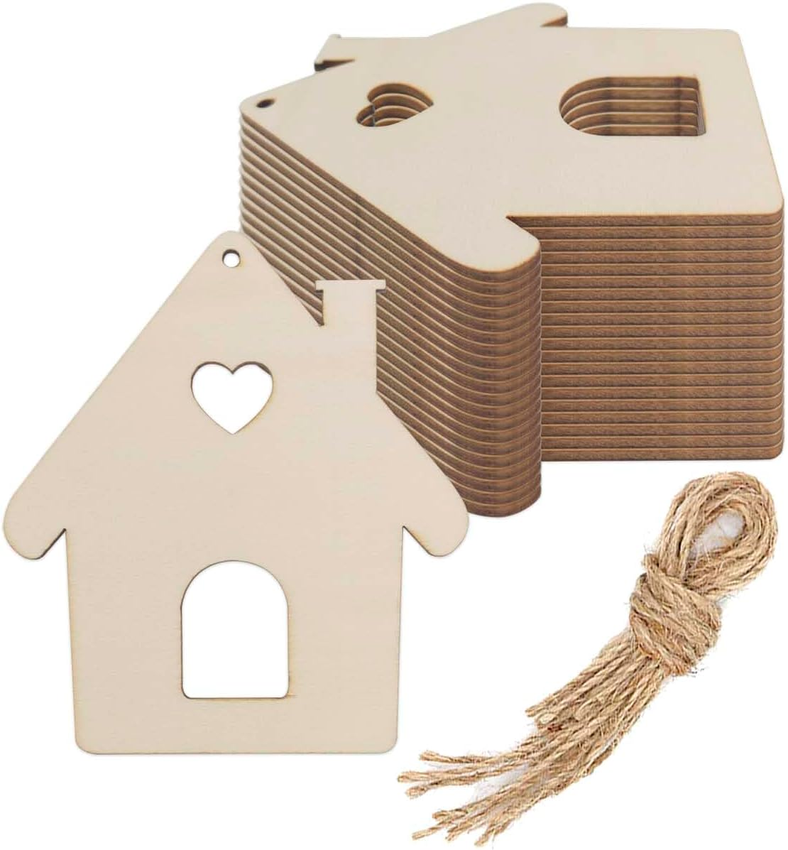 20pcs House Heart Wood DIY Crafts Cutouts Wooden House Shaped Hanging Ornaments with Jute Twines Wood Tags for Wedding Birthday Valentine's Day Party Decorations