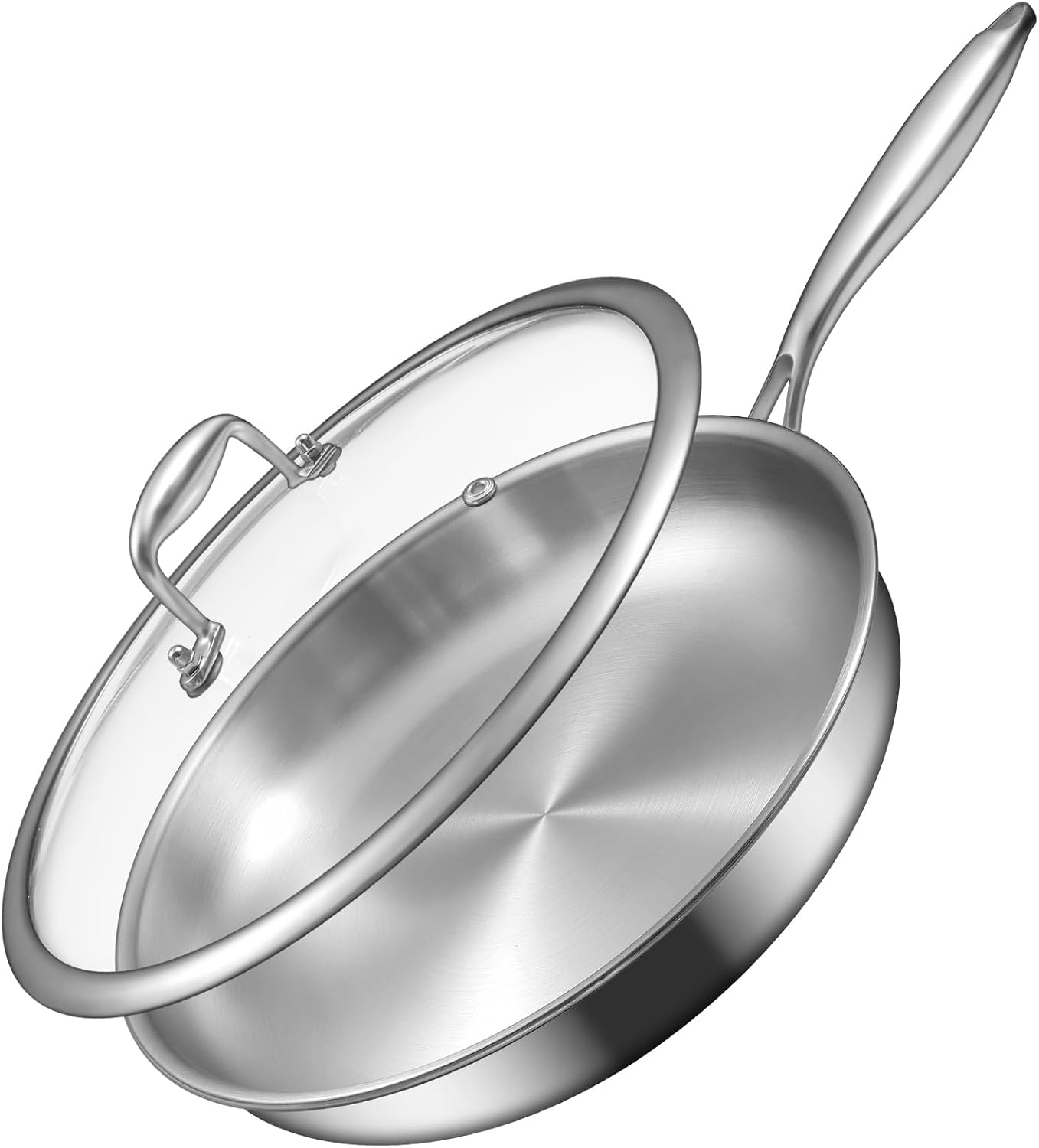 12 Inch Tri-Ply Stainless Steel Frying Pan, Compatible with All Cooktops up to 600℉, Large Frying Pan with Lids, Induction-Ready Skillet, Dishwasher and Oven Safe, Fast & Even Heat, Heavy Duty