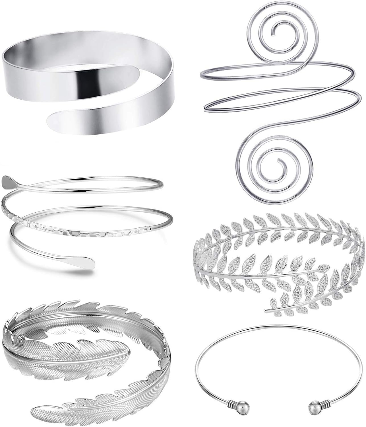 6 Pieces Arm Cuff Upper Arm Band Cuff Bracelet Bangle for Women Silver Gold 