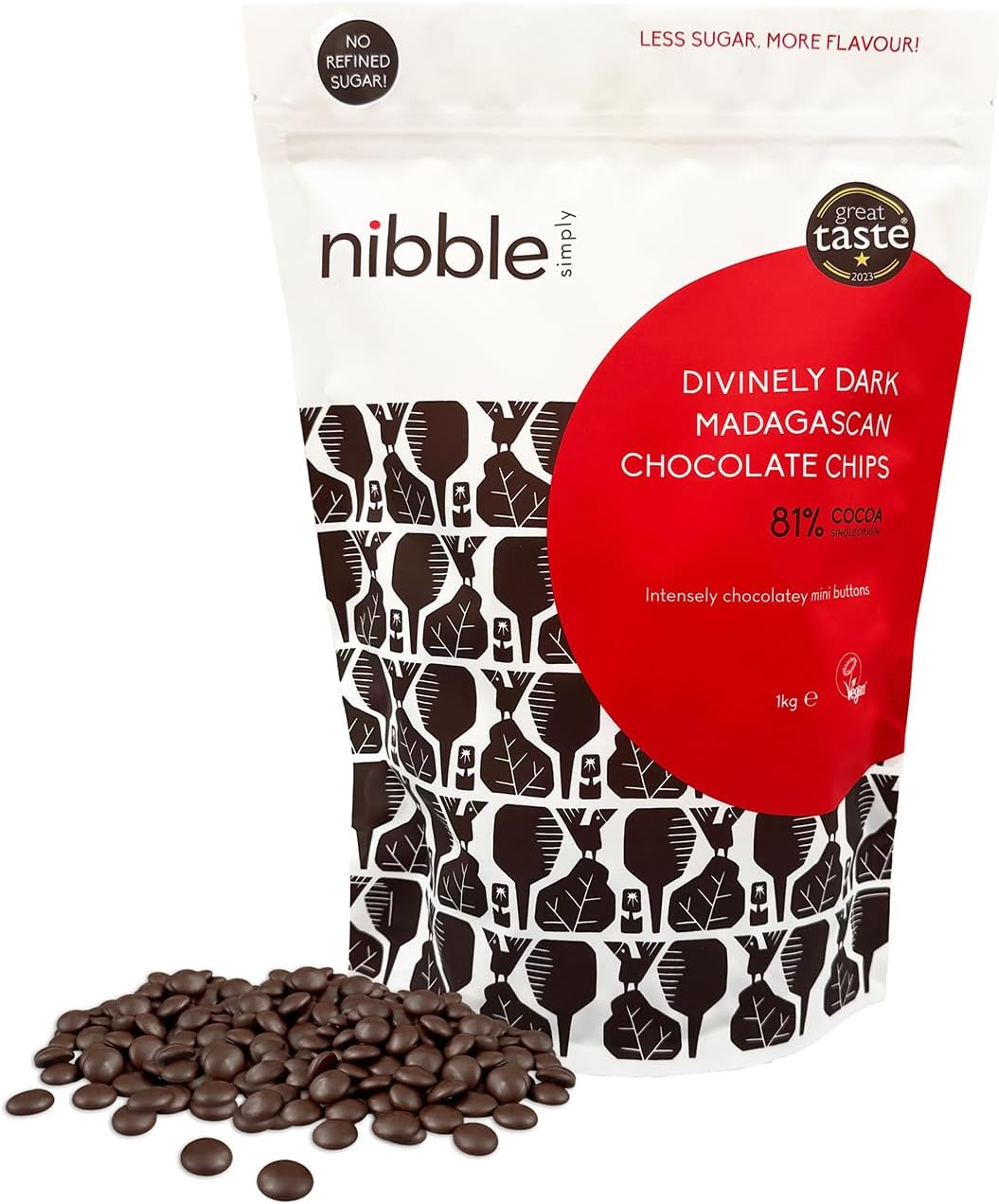 Nibble Simply 1Kg Divinely Dark Madagascan Chocolate Chips, 81% Cocoa Mass - Single Origin - Vegan - No Refined Sugar