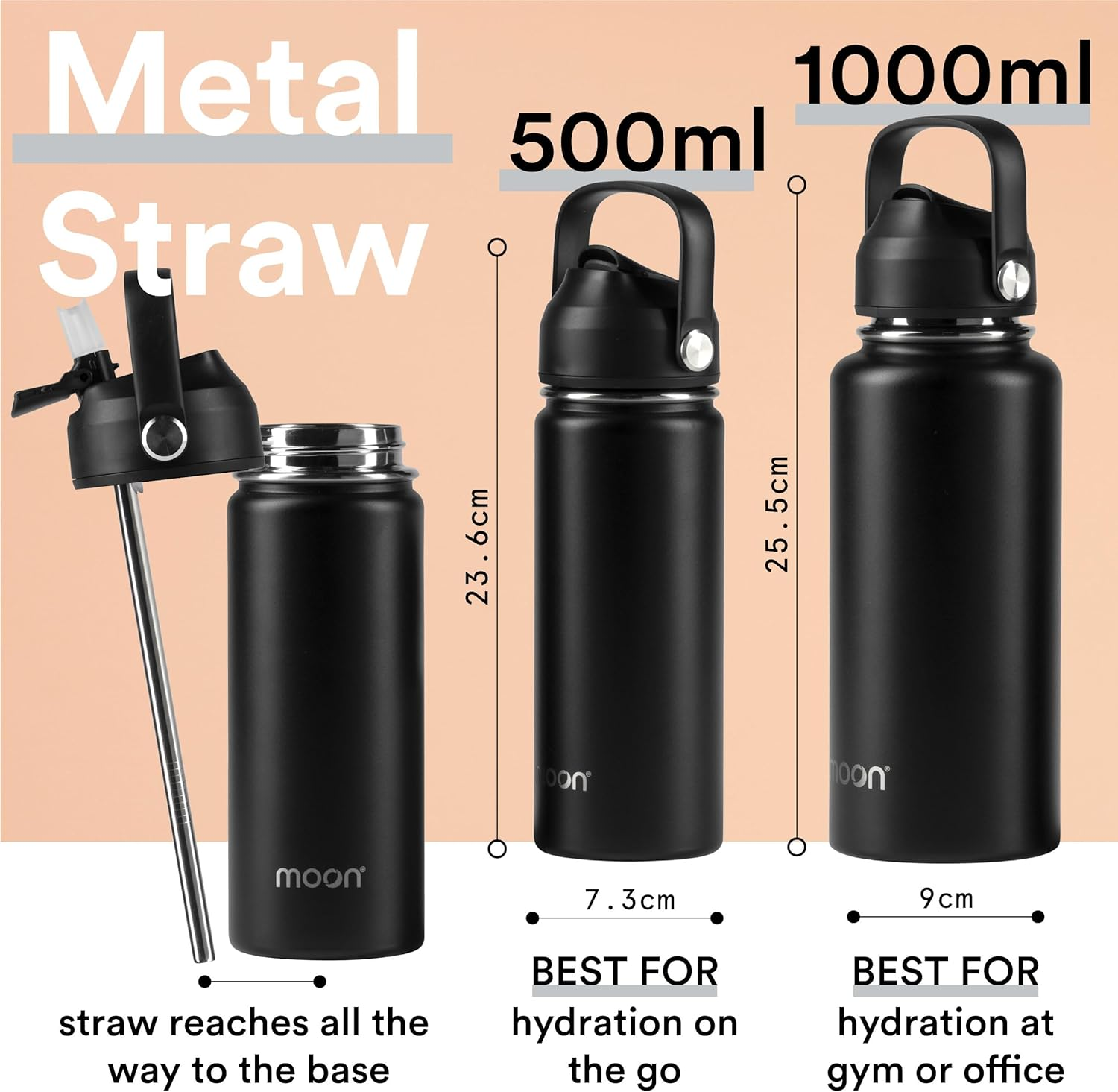 Moon Bottles - Insulated Water Bottle with Straw - Stainless Steel Sports Dri... - Picture 3 of 13