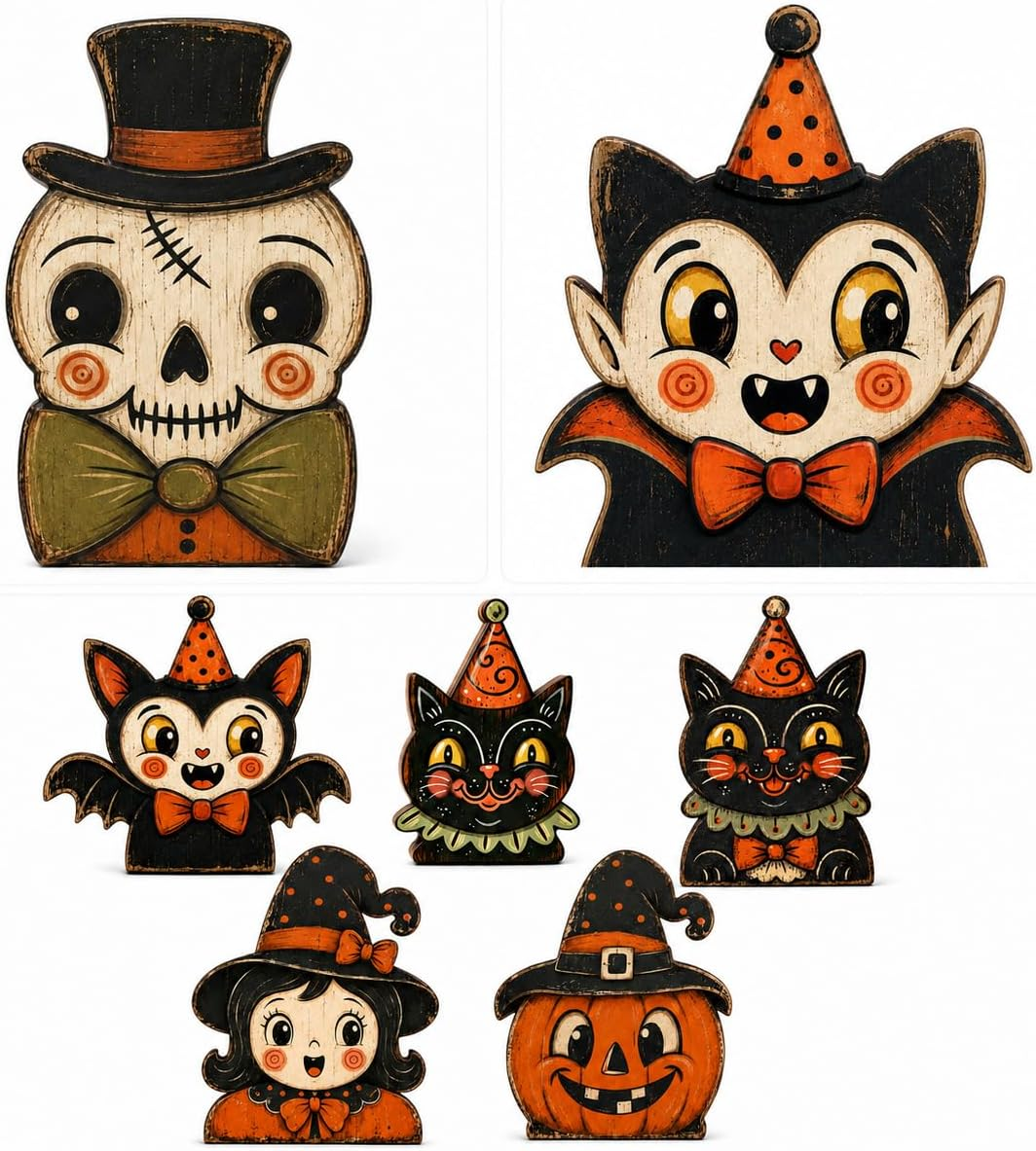 Vintage Halloween Decorations, Wooden Shelf Decor for Tabletop & Desk