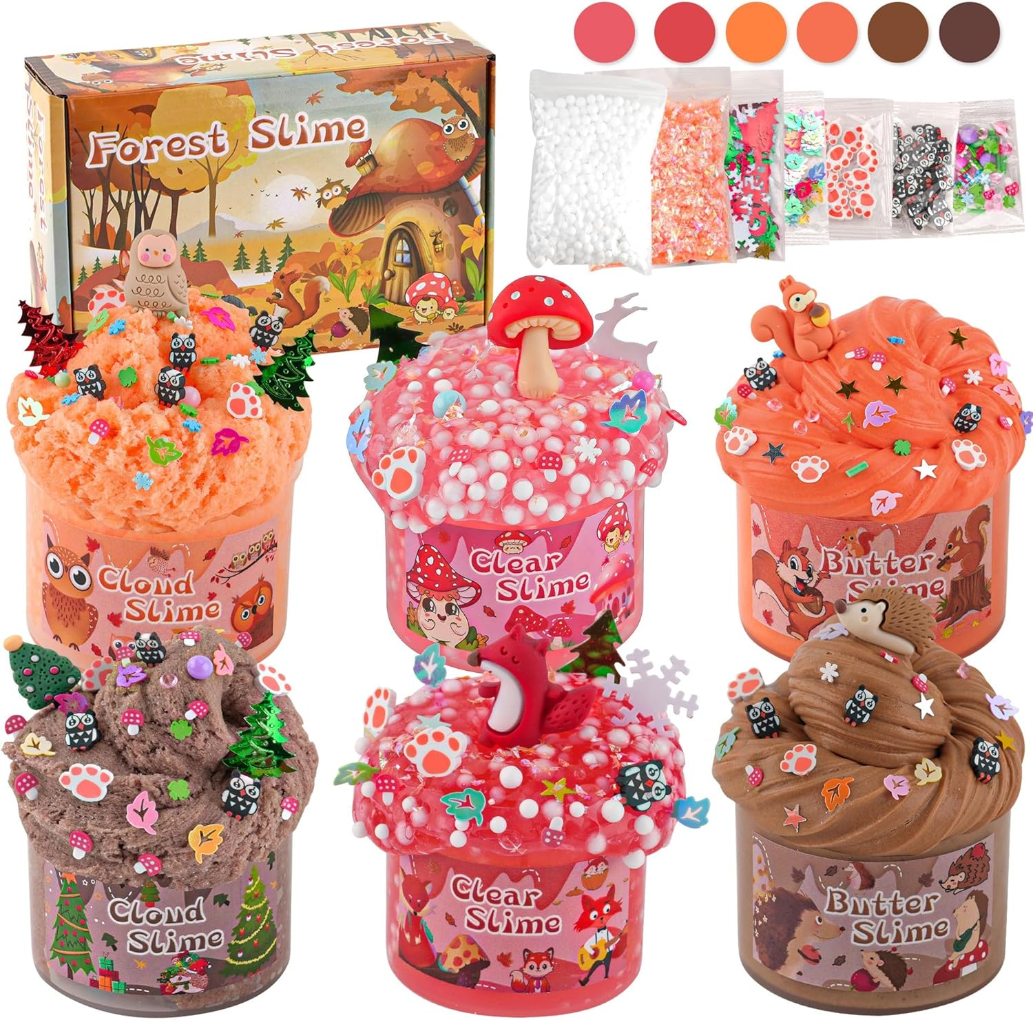 LAWOHO 6 Packs Forest Slime Kit - Clear, Butter, Cloud Slime Making Kit, Slimes for Kids with Animal Add-Ins, 360Ml Slimes Kits for Boys & Girls Birthday Halloween Christmas Easter Gifts Party Favors