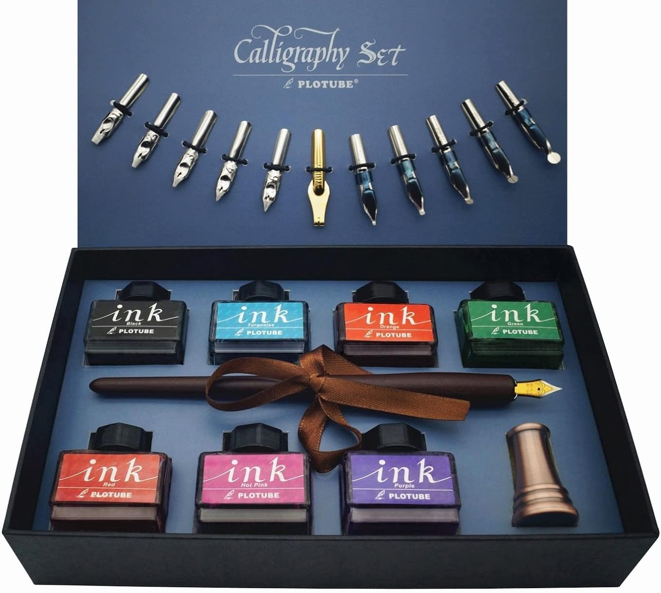 Calligraphy Pen Set – Includes Wooden Dip Pen, Antique Brass Holder, 11 Nibs, 7 Colors Ink Bottles and Beginner'S Manual