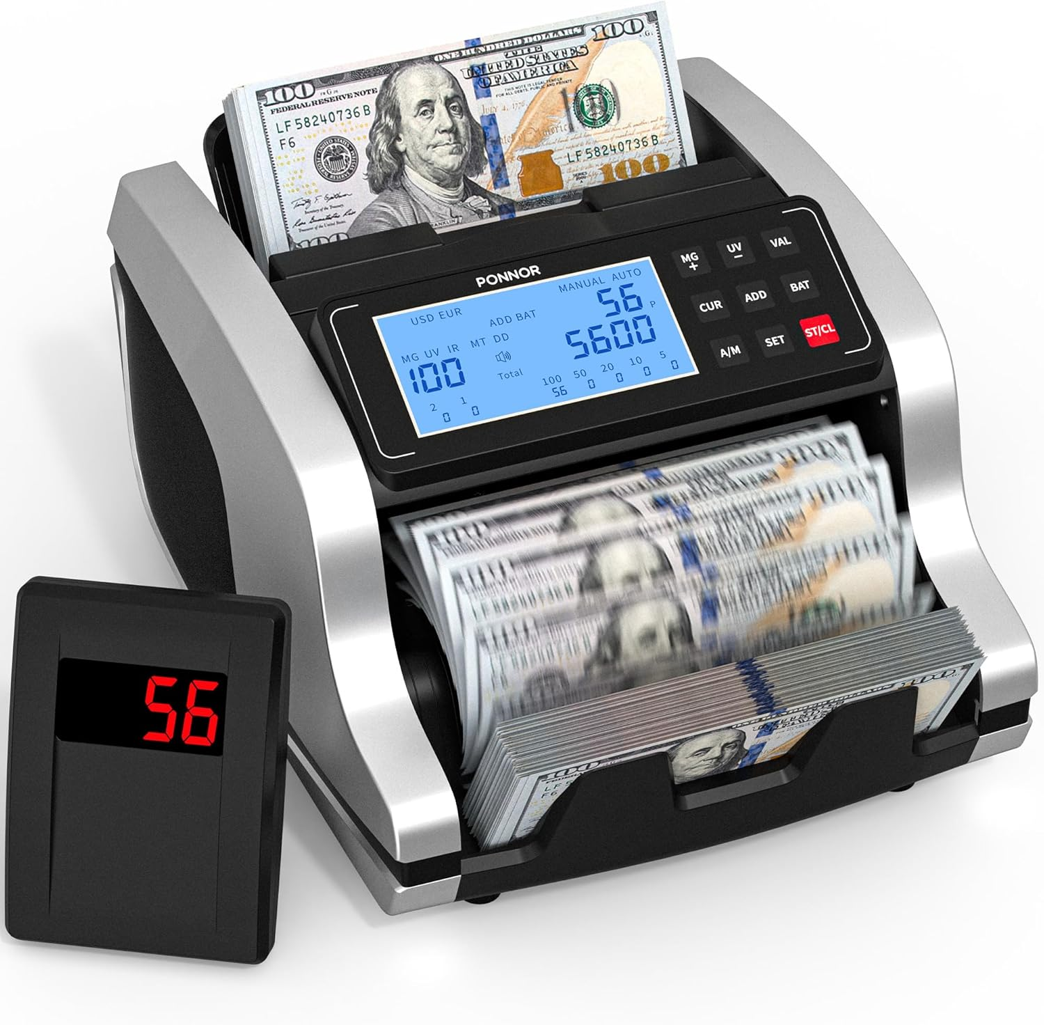 Money Counter Machine with Value Count, UV/MG/IR/MT/DD Counterfeit Bill Detection, Dollar Euro Cash Counter with Count/Add/Batch/Auto Modes, External LCD Display