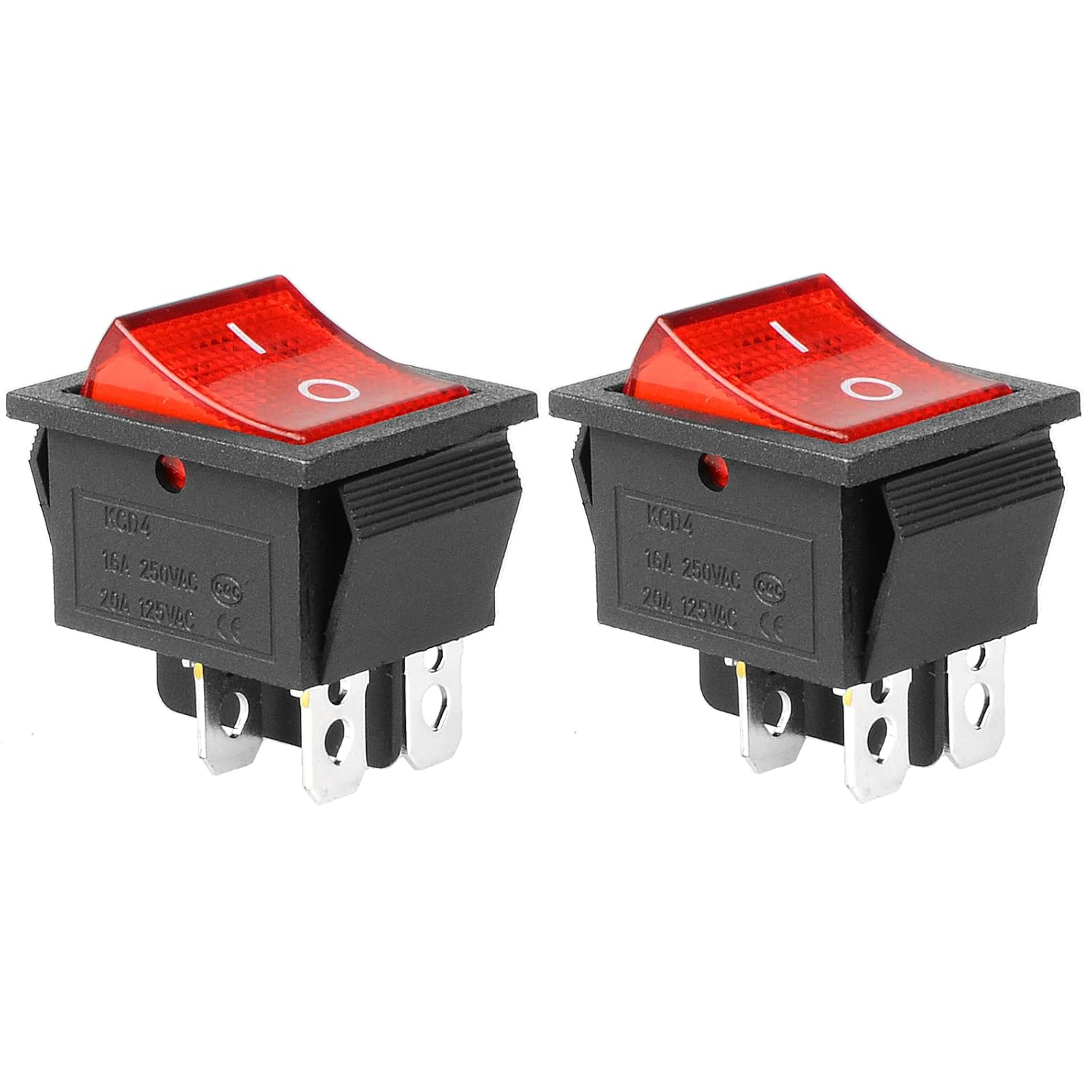 DPST 4-Pin On/Off Rocker Switch with Red LED Light, 20A/125V, 15A/250V, 2Pcs