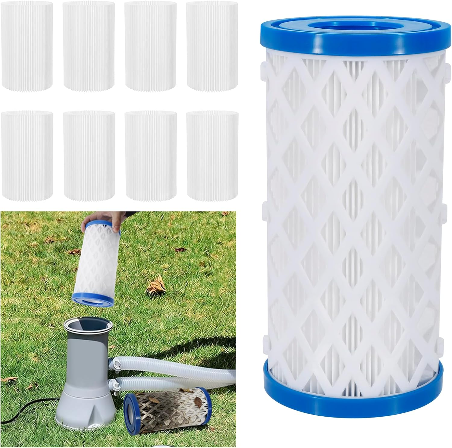 8 Packs Universal Replaceable Pool Filters, Suitable for Type A, C or III above Ground Pools Reusable Pool Filter for Filter Pump for Efficient Filtration and Keep the Water Clean