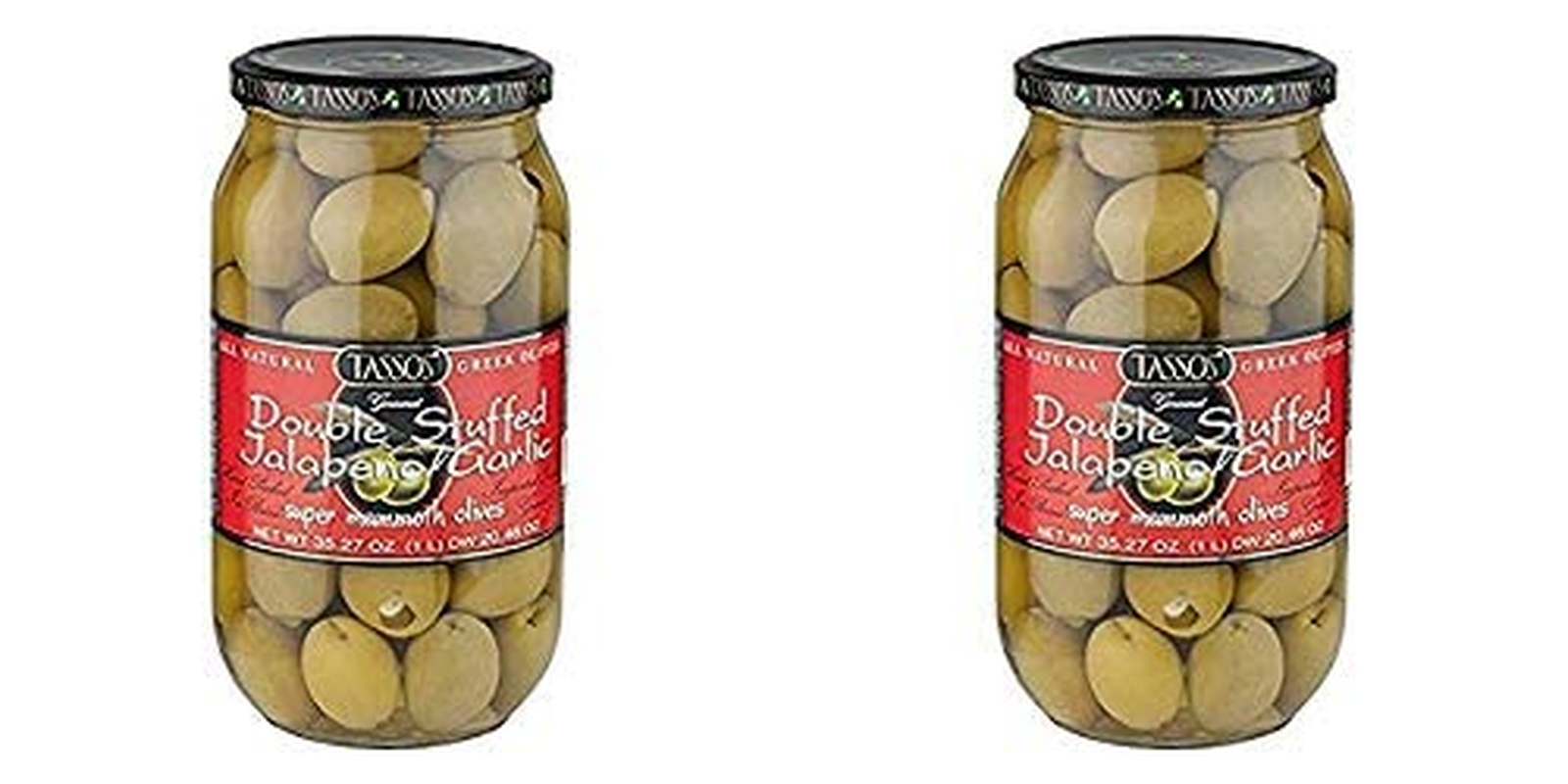 2 Pack of  All Natural Double Stuffed Jalapeno and Garlic Super Mammoth Olives (2X35.27 Oz.)