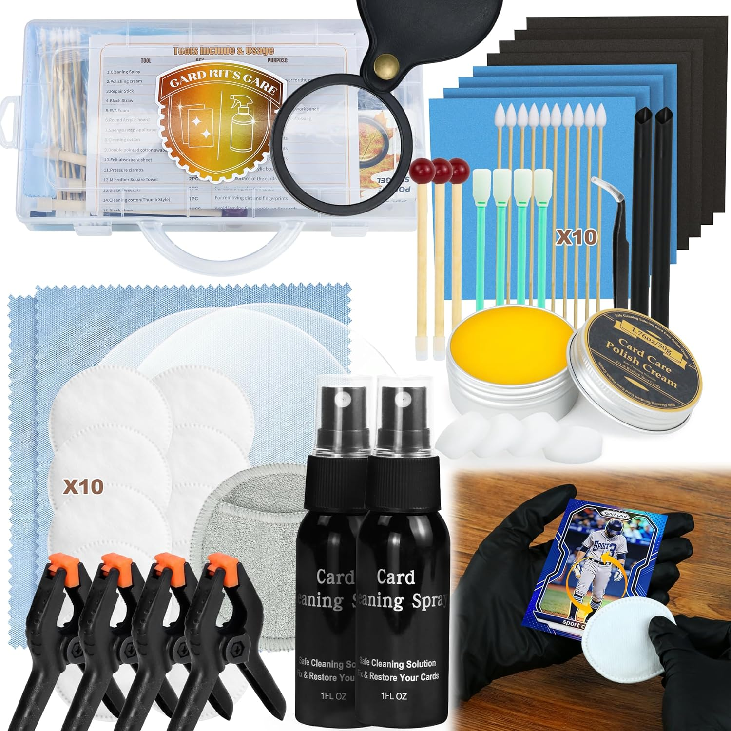 Card Care Clean Kit, 17-In-1 Card Cleaning and Polishing Restoration with Plastic Case, Trading Card Cleaning Box with Polishing Cream and Cleaning Spray, Suitable for PSA Rated Card Care