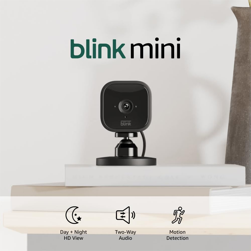 Blink Mini - Compact Indoor Plug-In Smart Security Camera, 1080P HD Video, Night Vision, Motion Detection, Two-Way Audio, Easy Set Up, Works with Alexa – 1 Camera (Black)