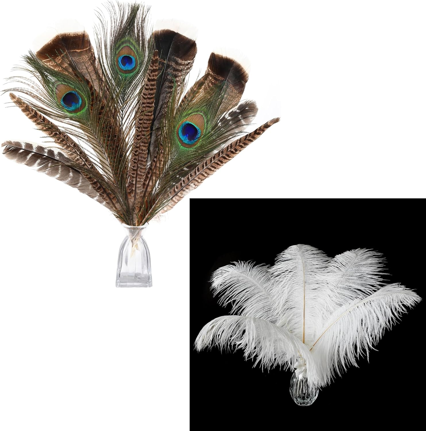 8-12Inch 4 Styles 24Pcs Assorted Pheasant Feathers and 24 Pcs 10-12Inch White Ostrich Feaathers for Crafting Vase Hat Wedding Autumn Party Decor