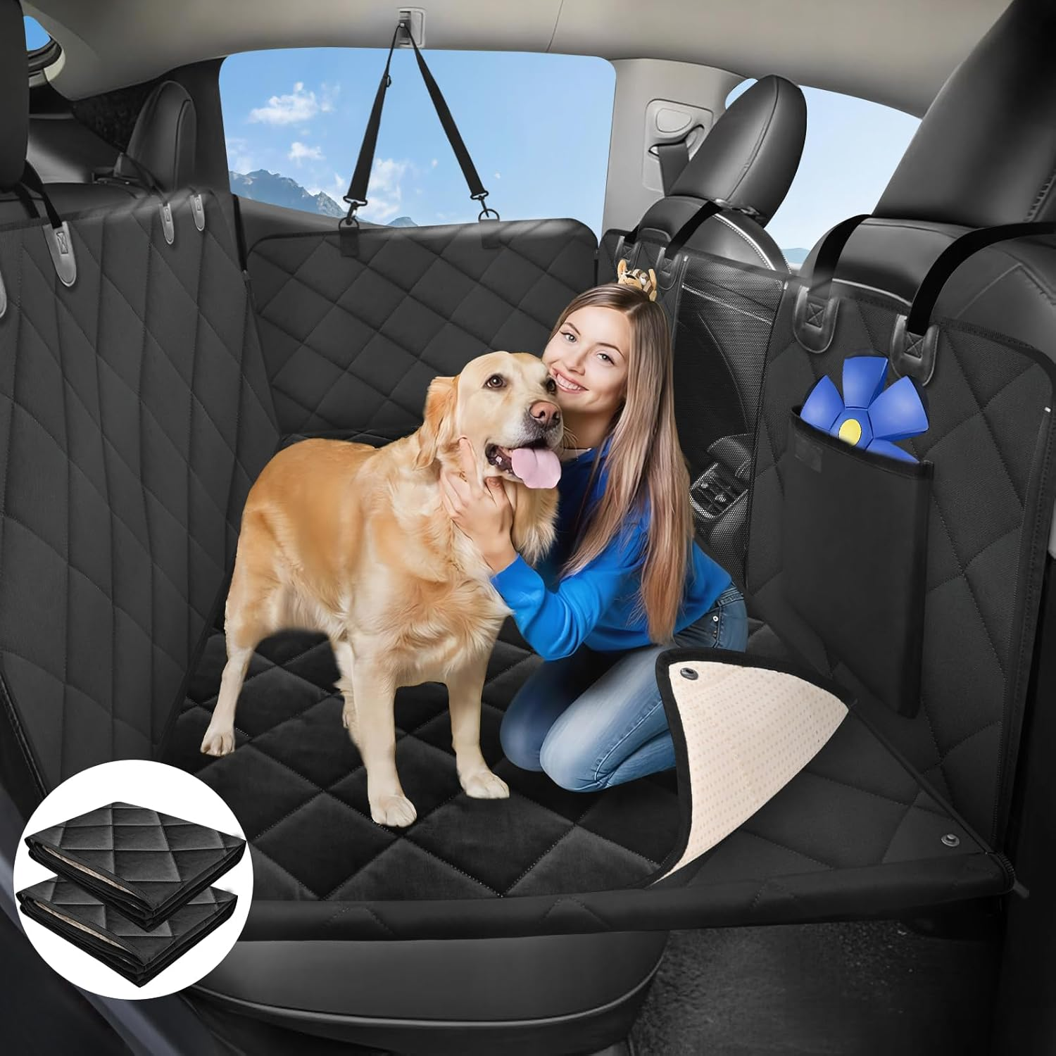 Back Seat Extender for Dogs-With Removable Soft Blankets, Hard Bottom Dog Car Seat Cover for Back Seat, Sturdy Backseat Extender for Dogs, Waterproof Dog Hammock for Car, SUV