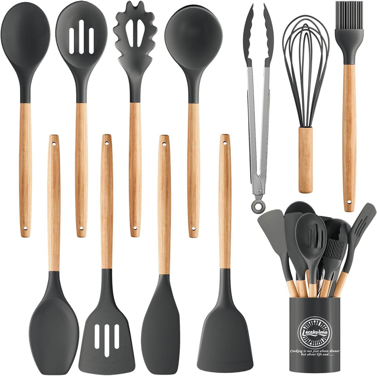 Silicone Cooking Utensil Set,12 PCS Cooking Kitchen Utensils Set, Nonstick Kitchen Utensils 446°F Heat-Resistant Cookware Kitchen Tools of Spoon,Brush,Whisk,Spatula,Turner Tongs (Gray)