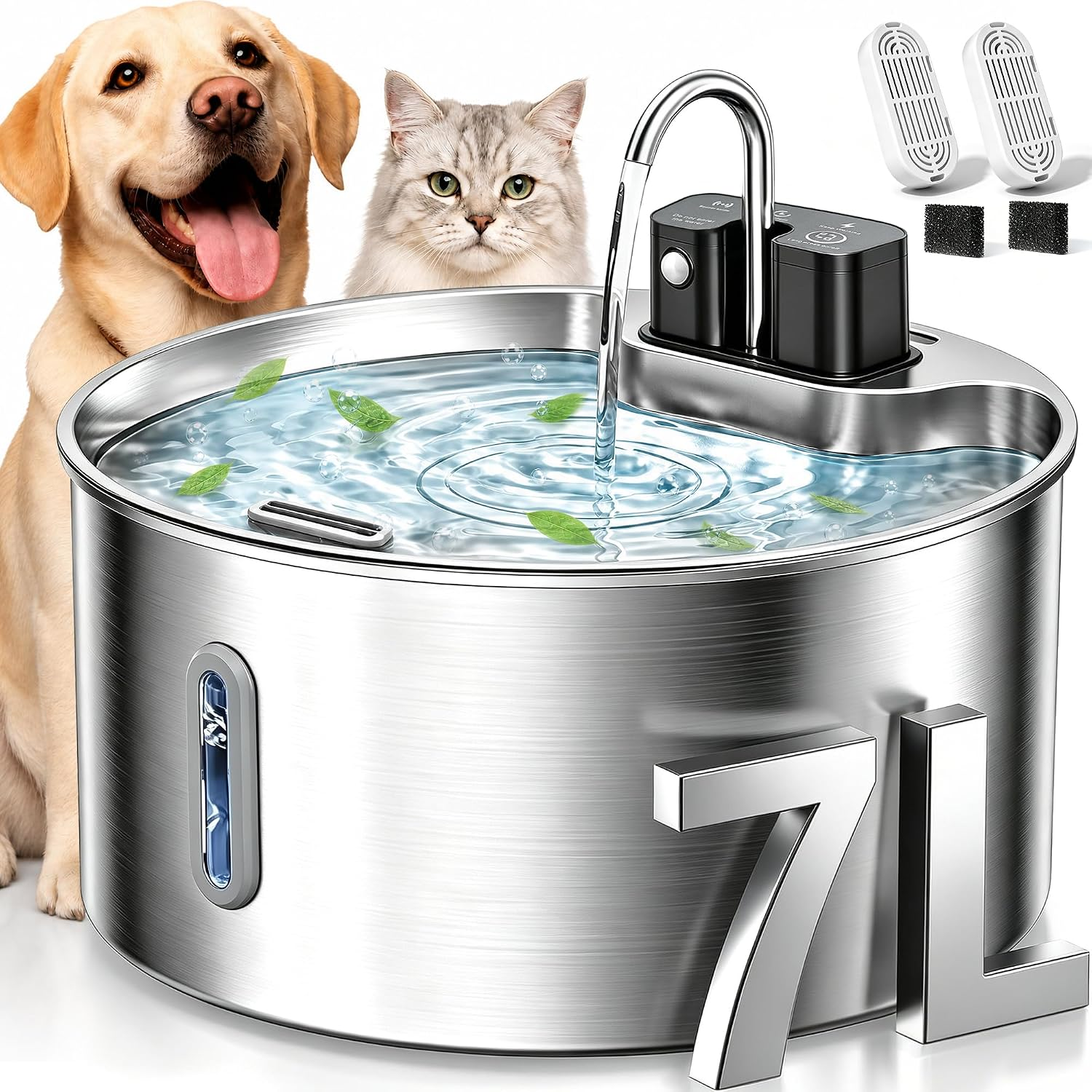 Selene Dog Water Fountain, 7L Stainless Steel Dog Water Fountain with Visual Water Level, Super Quiet Dog Water Bowl, 5-Stage Filtration Pet Water Dispenser, Easy to Clean - 7L