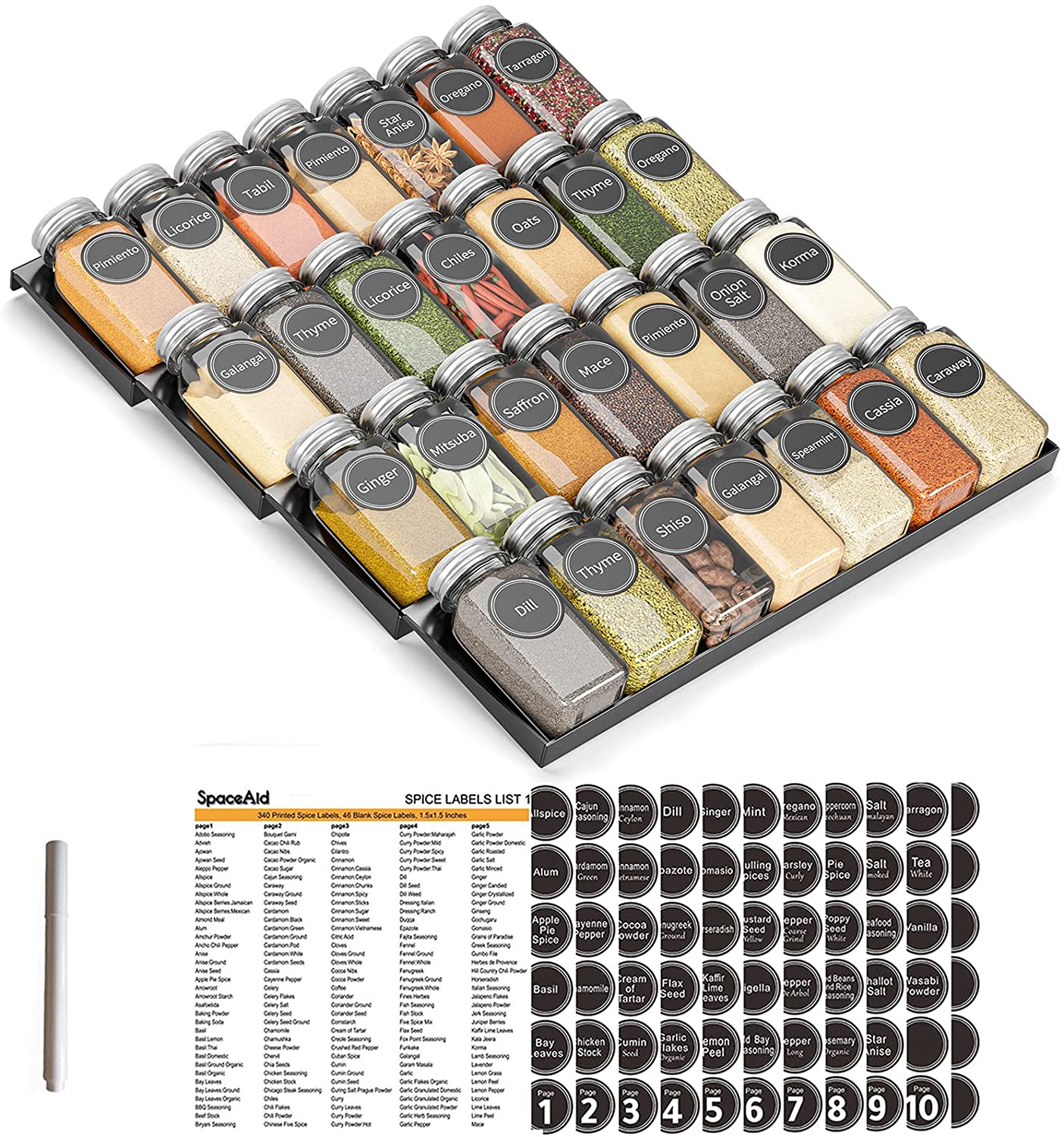 Spice Drawer Organizer with 28 Spice Jars, 386 Spice Labels, 4 Tier Seasoning Rack Tray Insert for Kitchen Drawers, 13