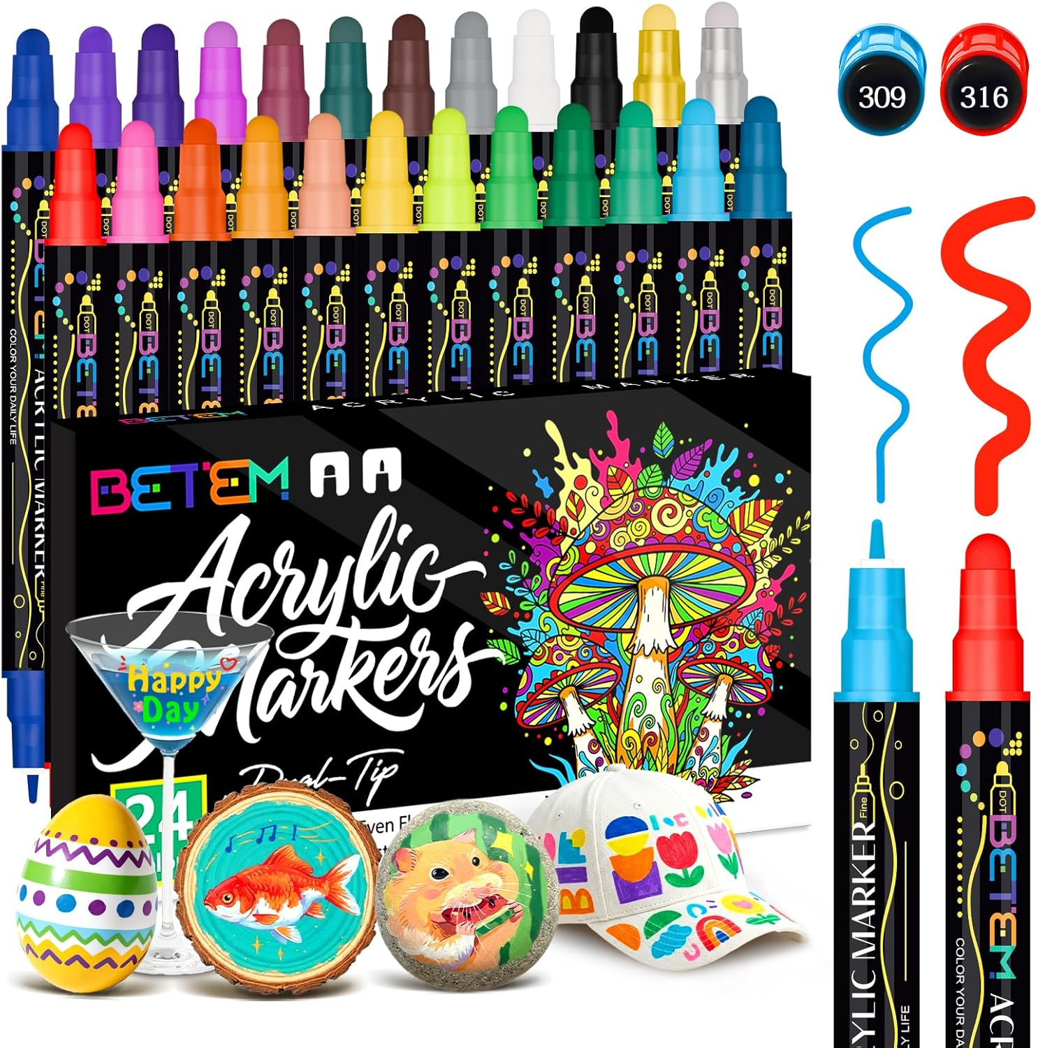 Betem 24 Colors Dual Tip Acrylic Paint Pens Markers, Premium Water-Based Acrylic Paint Markers for Fabric, Rock, Wood, Glass, Eggs, Canvas, Ceramic, Easter Basket Stuffers DIY Crafts Drawing Markers