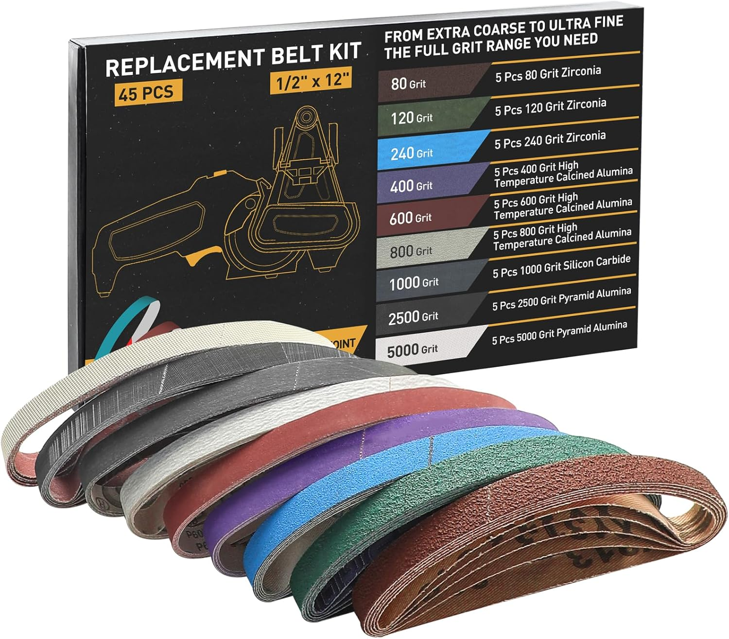 45 Pcs 1/2" X 12" Replacement Sharpening Belt Kit for Official Work Sharp Knife & Tool Sharpener (WSKTS & Wskts-Kt/Mk.1 & Mk.2) - Assorted Grits (80/120/240/400/600/800/1000/2500/5000)