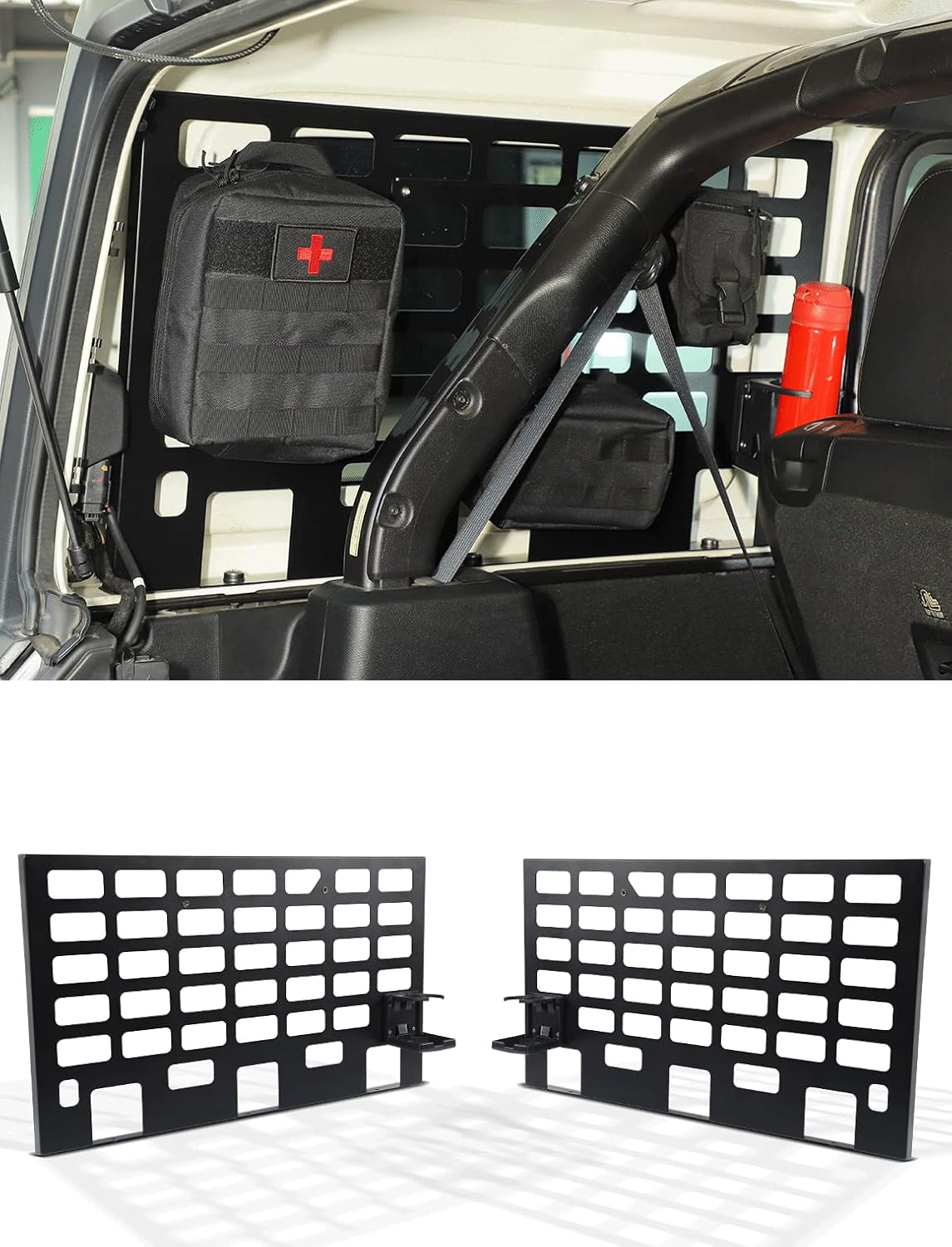 Rear Window Side Storage Racks, Back Cargo Metal Carrier, MOLLE Panel Organizer for 2018 2019 2020 2021 2022 2023-Current Jeep Wrangler JLU 4 Door, Internal Expansion Accessories, Black