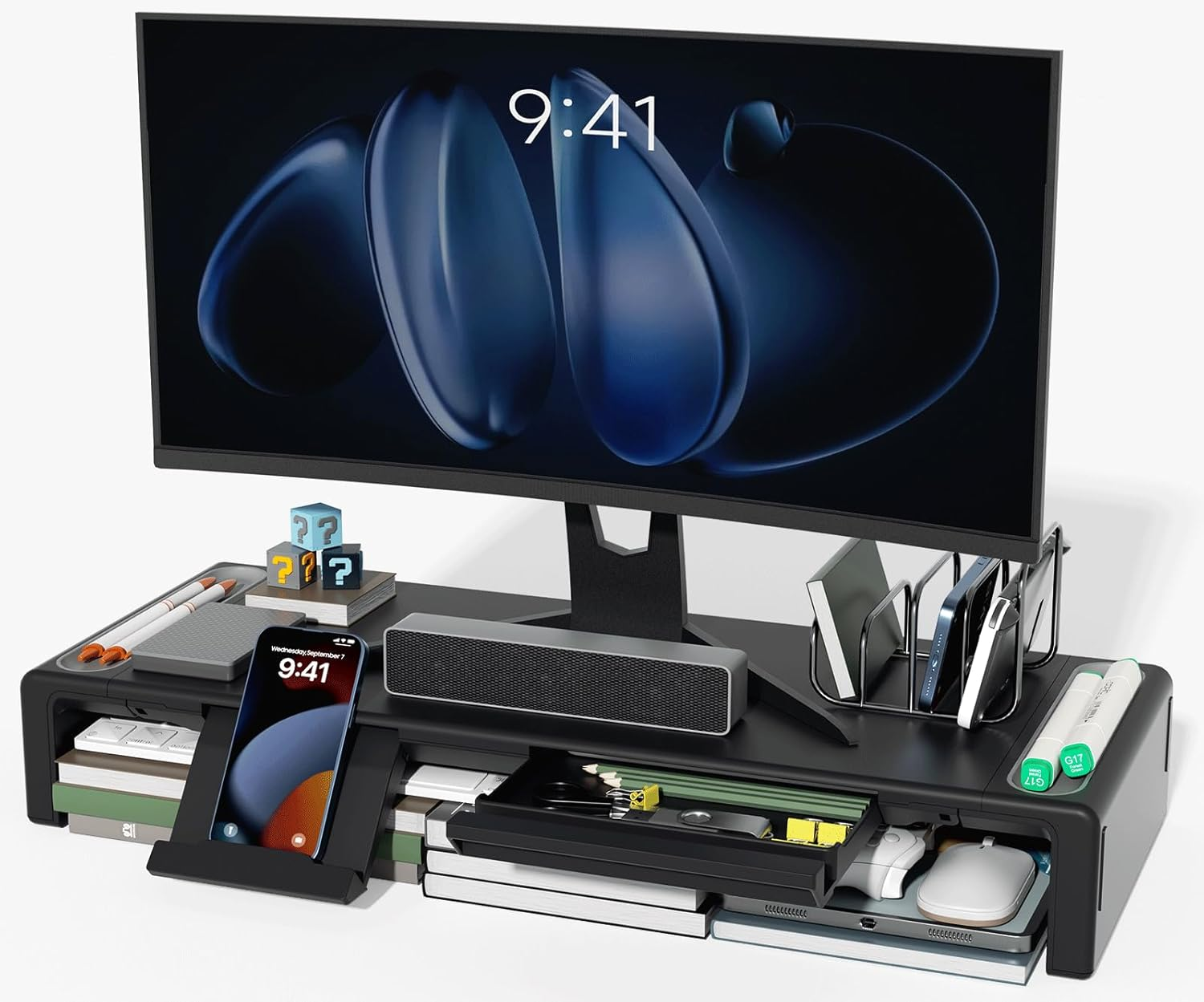 Monitor Stand Riser, Foldable Computer Monitor Riser, Adjustable Length Computer Stand and Storage Drawer & Pen Slot, Phone Stand Compatible Computer, Desktop, Laptop, save Space (Black)