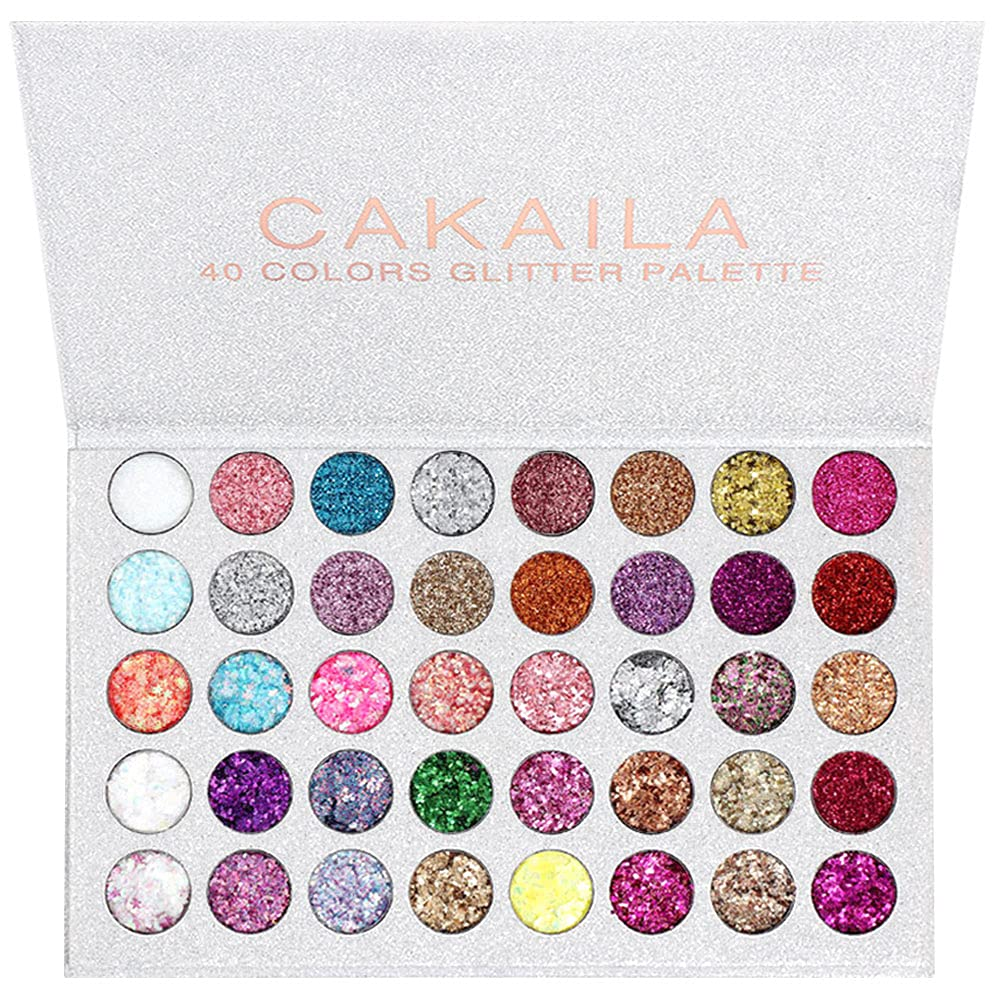 Evpct CAKAILA 40 Colors Glitter Sparkle Eyeshadow Makeup Palette Pallets for Women Girls Black White Glitter Chunky Eyeshadow Pressed Powder Pink Shimmer Glue Gel Eyeshadow Sombras De Ojos Profesional