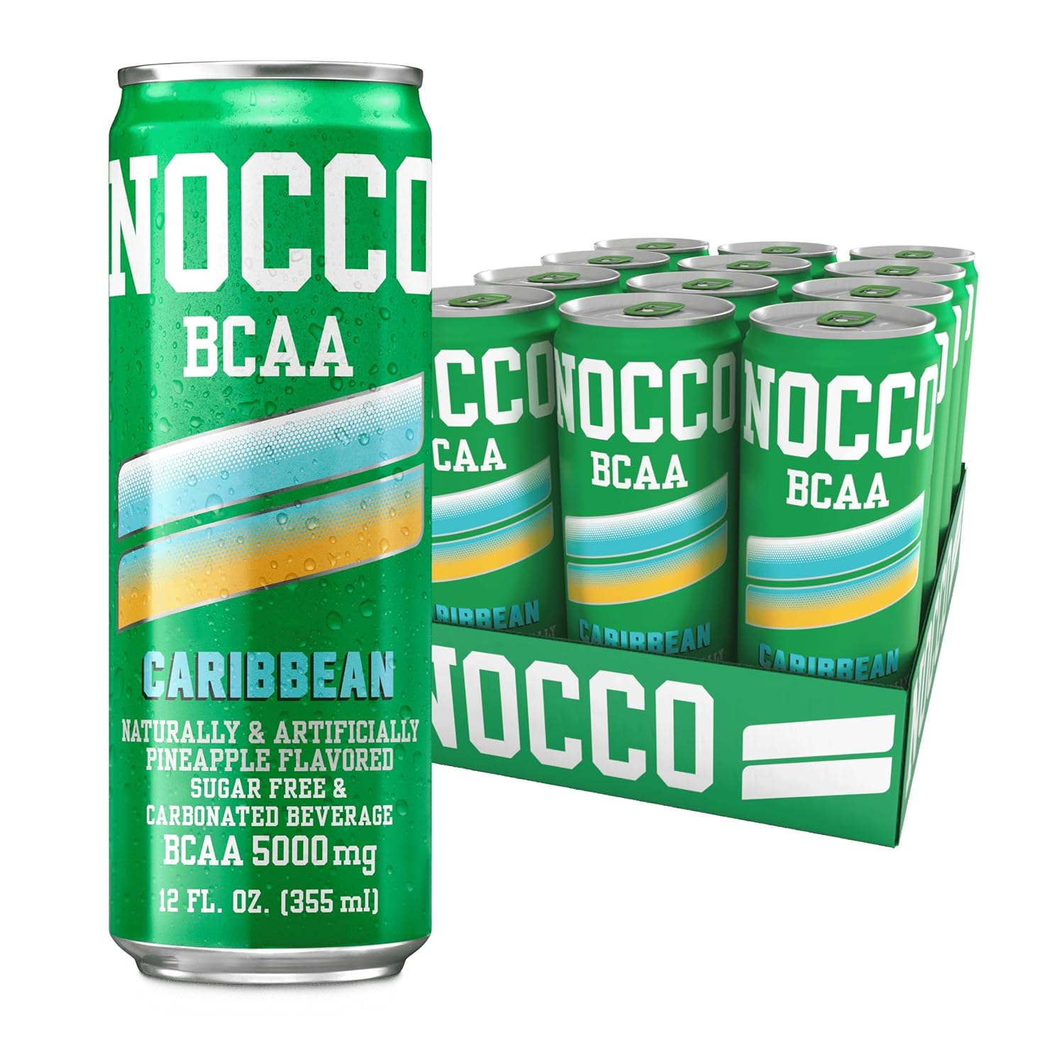 Zero Sugar BCAA Drink, Caribbean- 12 Fl Oz (Pack of 12) - 0Mg Caffeine, Sugar Free with Branched Chain Amino Acids, Carbonated & Low Calorie, B Vitamins, Grab & Go Performance Beverage