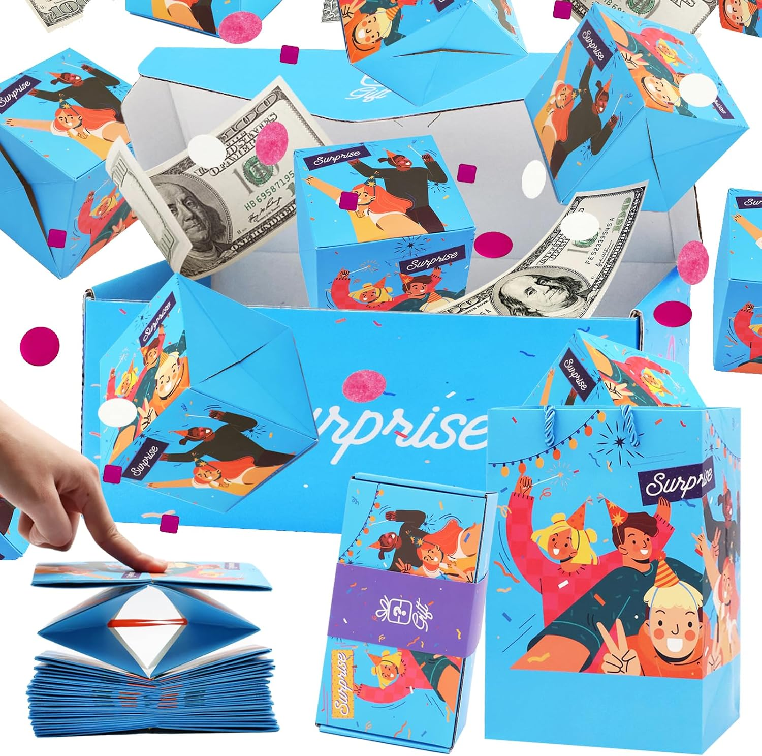 Surprise Gift Box Explosion for Money, Unique Folding Bouncing Red Envelope Gift Box with Confetti, Cash Explosion Luxury for Birthday Anniversary Valentine Proposal (16 Bounces) (Blue)