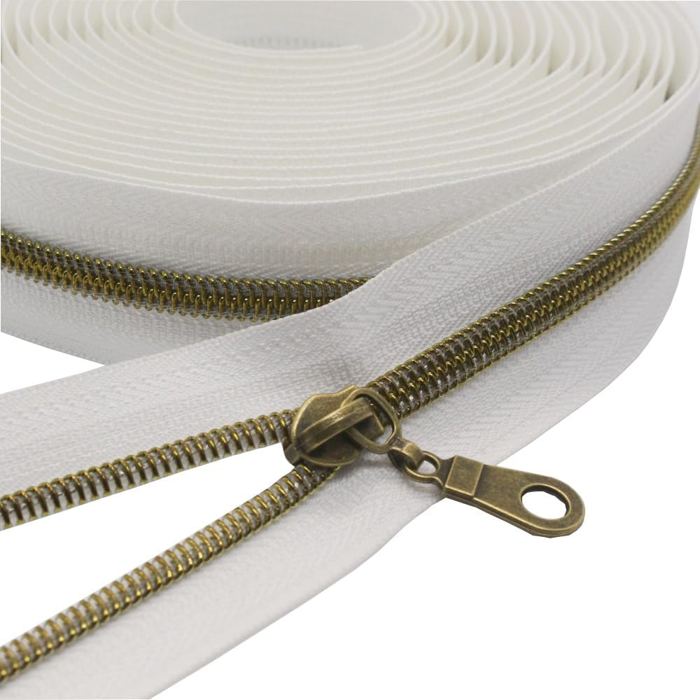#5 Antique Brass Metallic Nylon Coil Zippers by The Yard Bulk White Tape 10 Yards with 25pcs Pulls for DIY Sewing Tailor Craft Bag (White New)