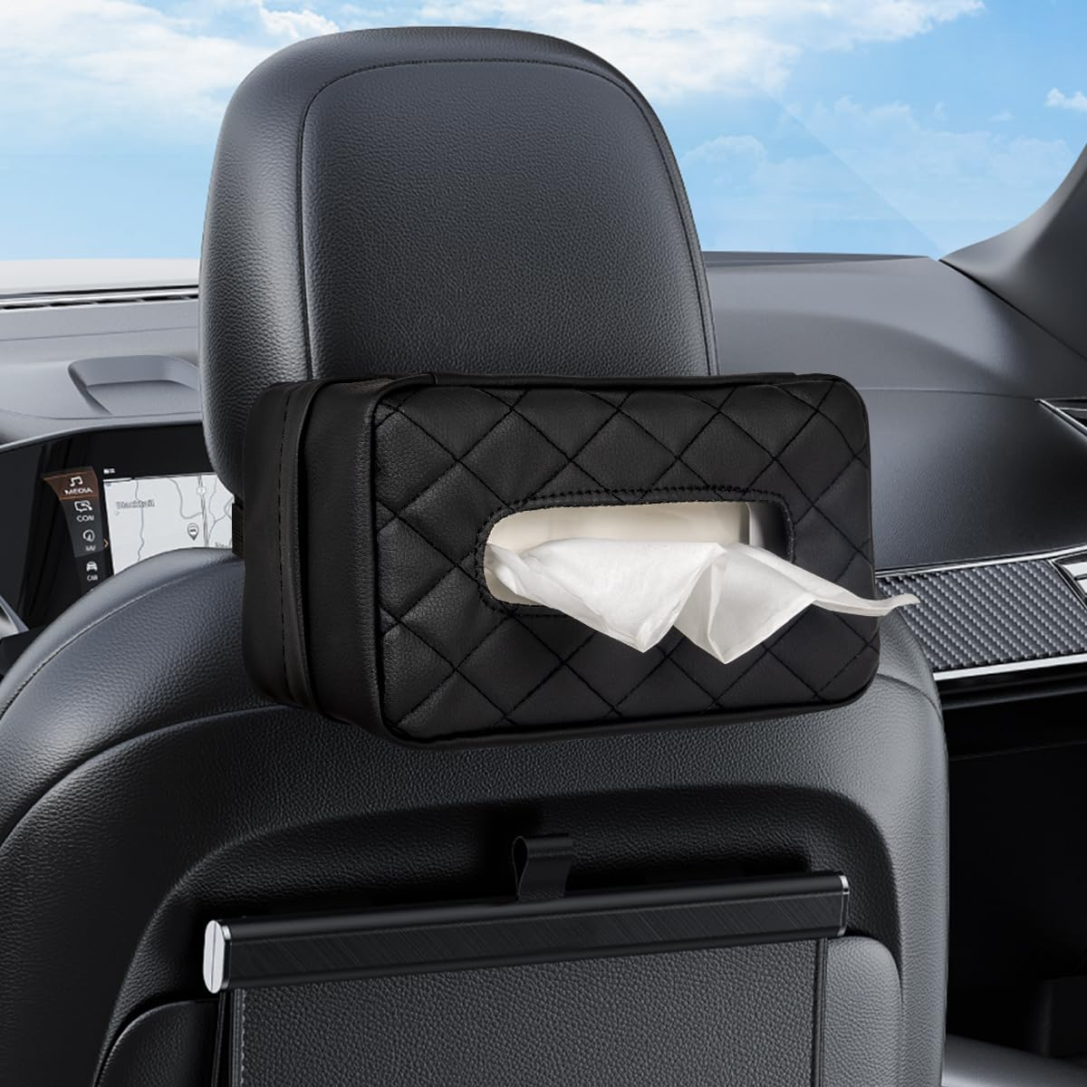 Car Tissue Holder, Standard Tissue Holder for Car Pu Leather Car Napkin Holder, Car Backseat Extra Large Tissue Organization Fit for 120-230 Tissues per Box 9.84'' X 4.72'' X 5.91'' (Black)