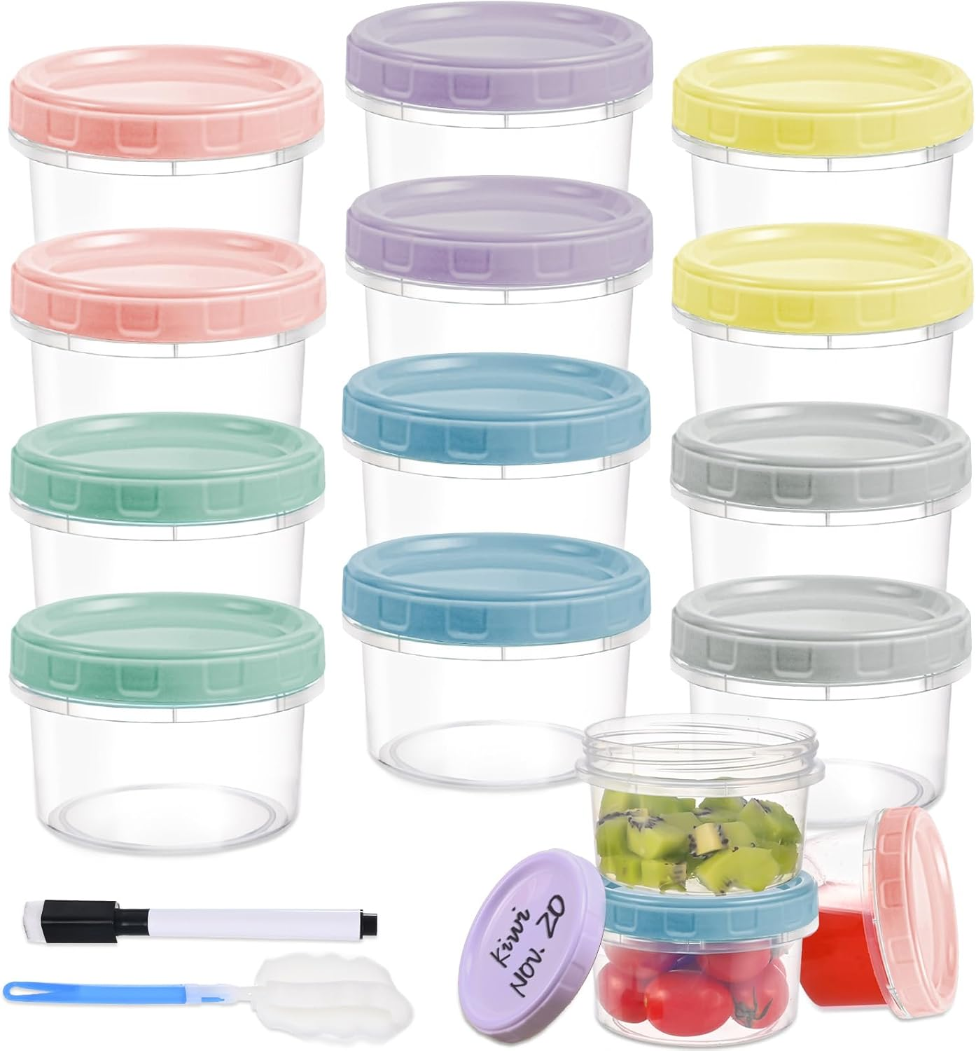 12Pcs 8 Oz Plastic Containers with Screw Lids, Reusable Clear Food Storage Containers with Pen and Brush for Snack Salad Fruit, Leakproof Small Freezer Containers, Microwave & Dishwasher Safe