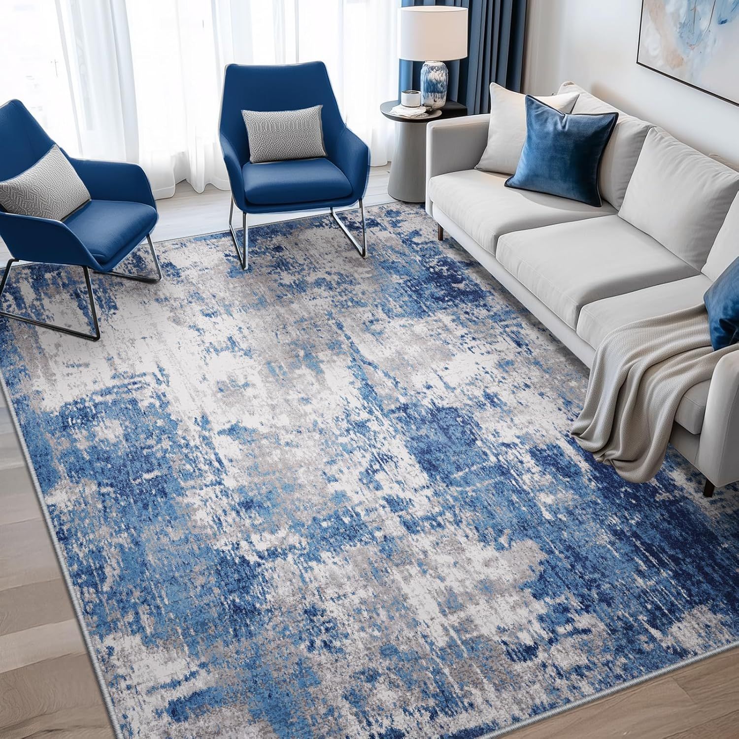 Washable Area Rugs 5'X7' Non-Slip Modern Abstract Soft for Living Room Entryway Bedroom Nursery, Print Pattern, Blue Grey Navy Gray