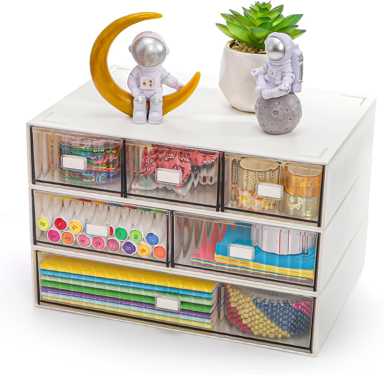 3 Tier Mini Desk Organizer with 6 Drawers, Plastic Desktop Drawers Storage Box, Stackable Makeup Organizer Craft Storage Case for Office, School, Bathroom, Detachable Design, White