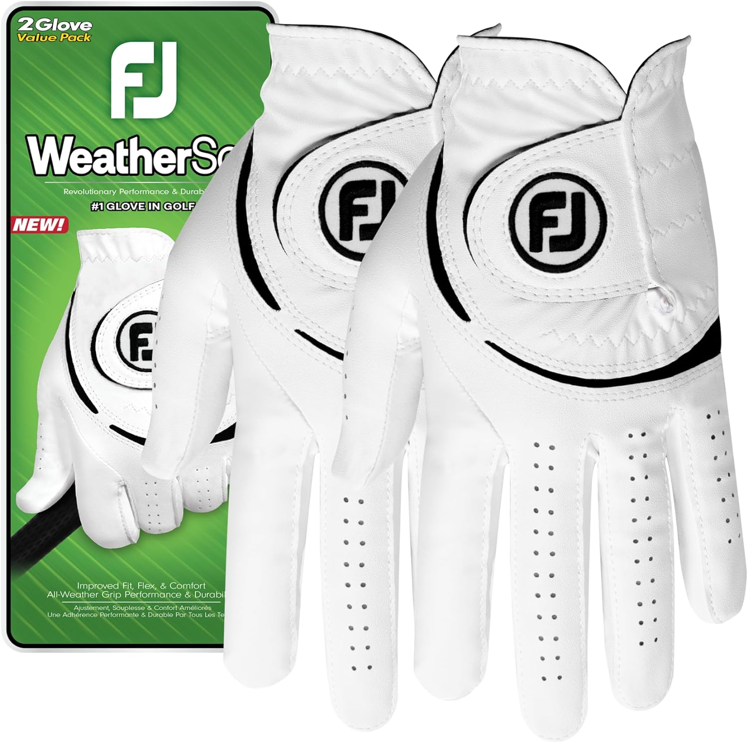 Men'S Weathersof 2-Pack Golf Glove, White, Medium/Large, Worn on Right Hand