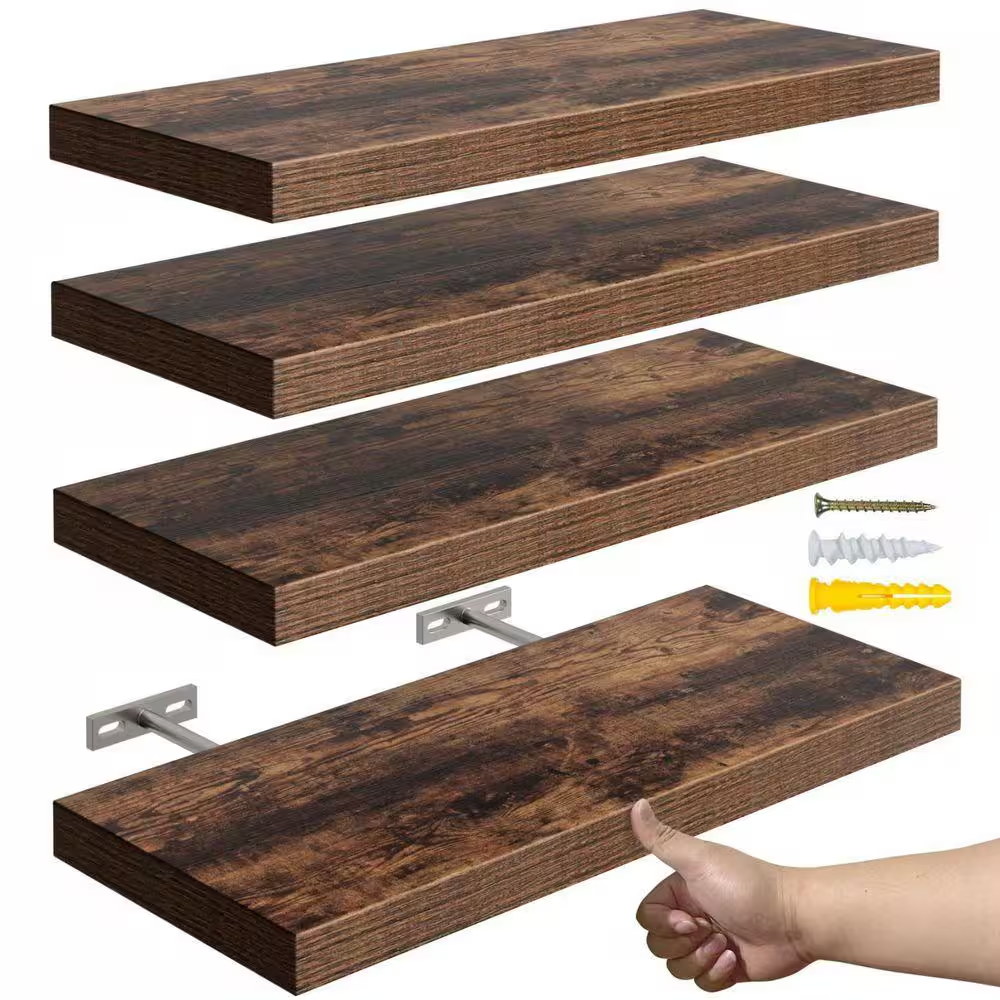 16 In. W X 6.7 In. D Floating Shelves for Wall Set of 4, Rustic Wood Shelf, Decorative Wall Shelf, Rustic Brown