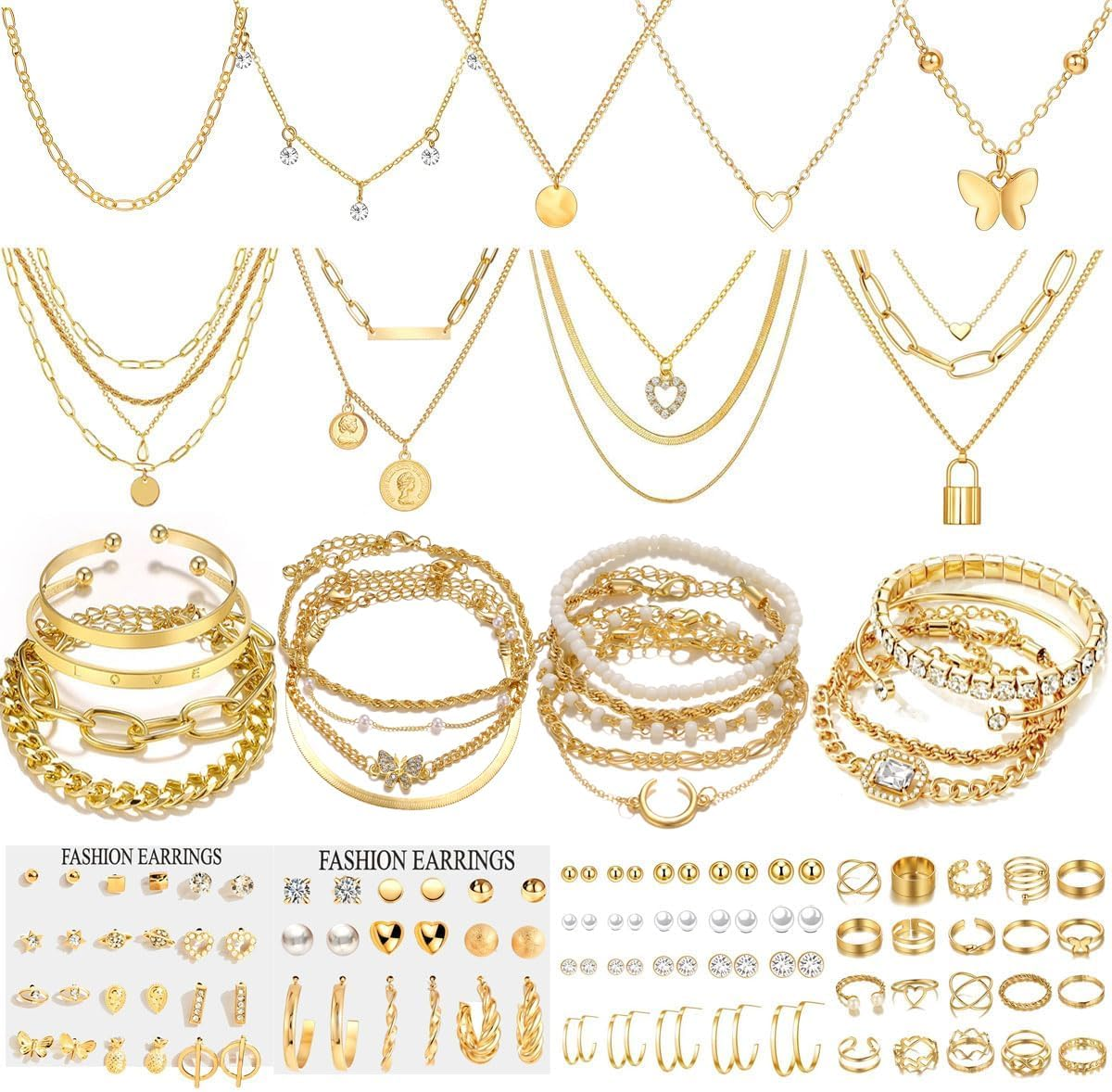 139Pcs Gold Jewelry Set Costume Jewelry with 11 PCS Necklace, 16 PCS Bracelet, 90 PCS Stud Hoop Earring 22 Pcs Rings for Women Friendship Gift Set