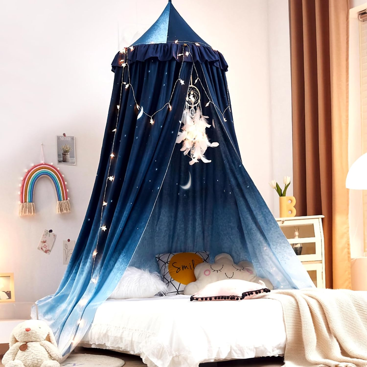 Decor Canopy for Kids Bed, Soft Smooth Playing Tent Canopy Girls Room Decoration Princess Castle, Dreamy Mosquito Net Bedding, Children Reading Nook Canopies in Home (Night Sky-Ruffle)