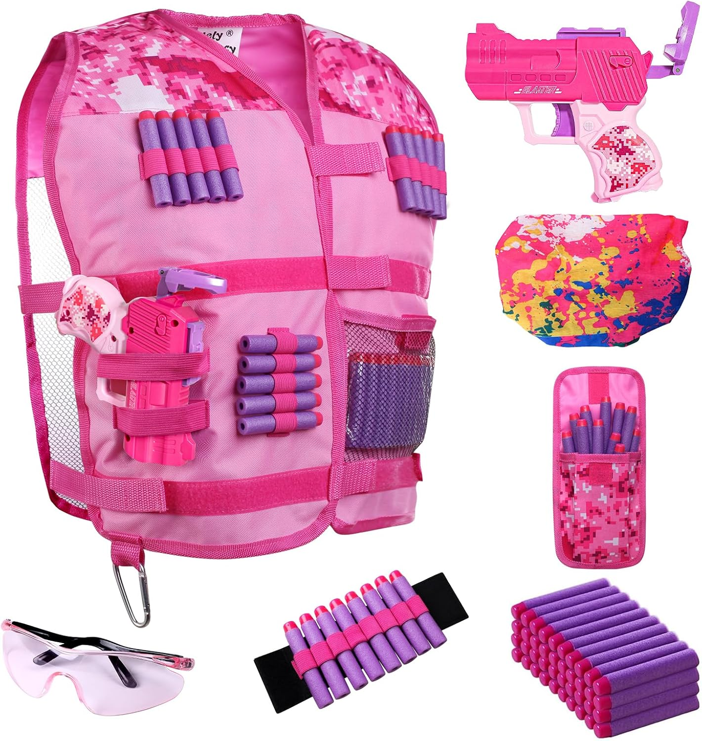 Girls' Tactical Vest Kit with Blaster - Pink Tactical Vest Compatible with Nerf Rebelle N-Strike Purple Darts and Goggles for Children